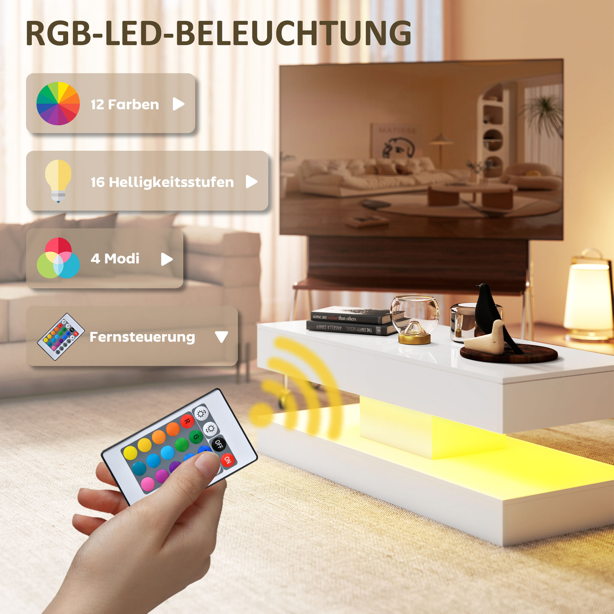 Salontafel met Lades en LED-verlichting, moderne Sofatafel met open opbergruimte, Salontafel, Spaanplaat, Wit