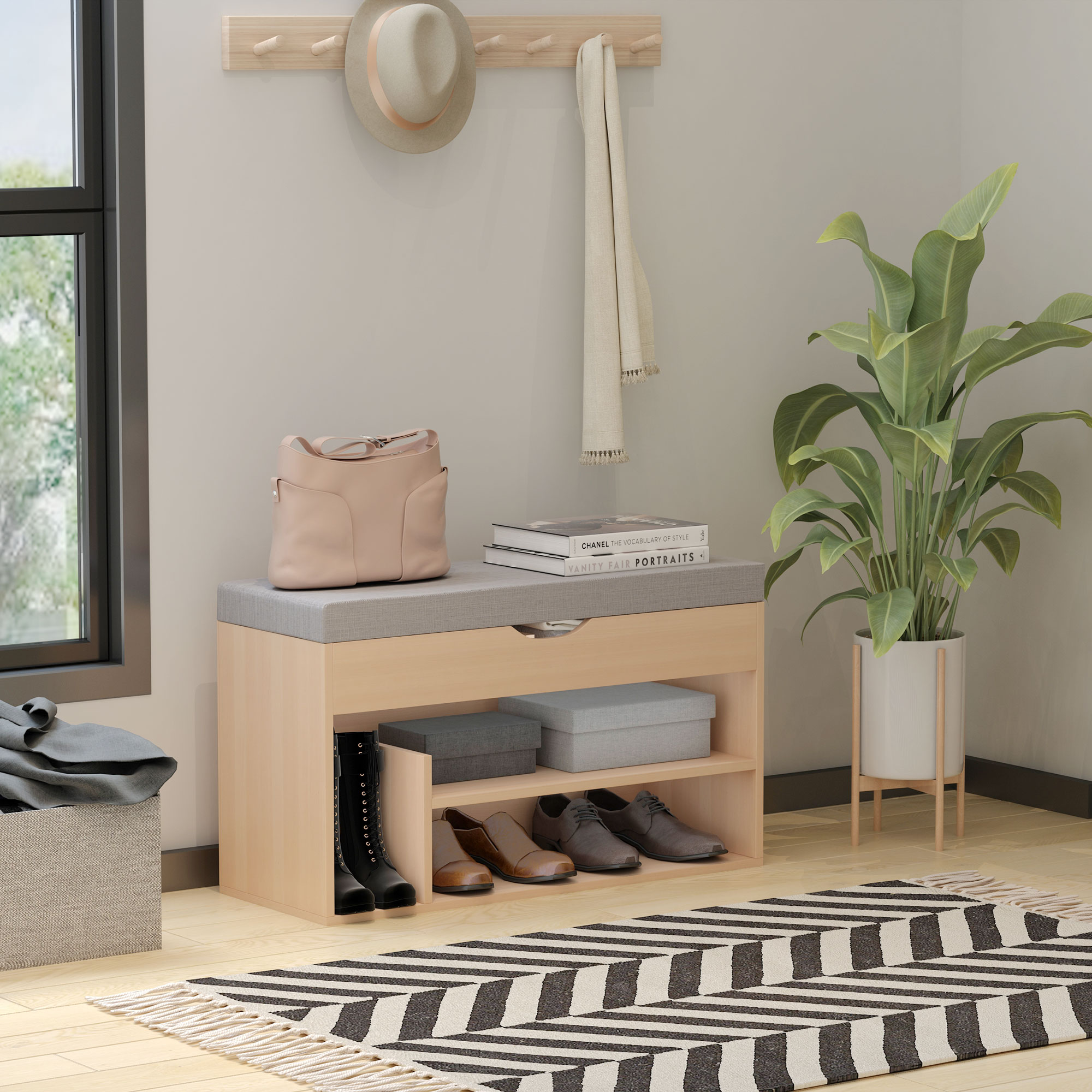 HOMCOM Schuhbank, Sitzbank, Sitztruhe, 2-in-1 Design mit Schuhregal, Versteckten Fach, gepolsterte Schuschrank mit Stauraum für Flur, Leinen, Natur+Grau, 80 × 30 × 48 cm