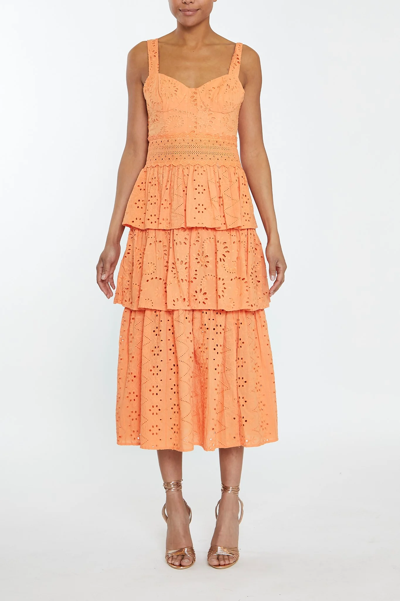 Evelyn Canteloupe Broderie Layered Broderie Midi-Dress