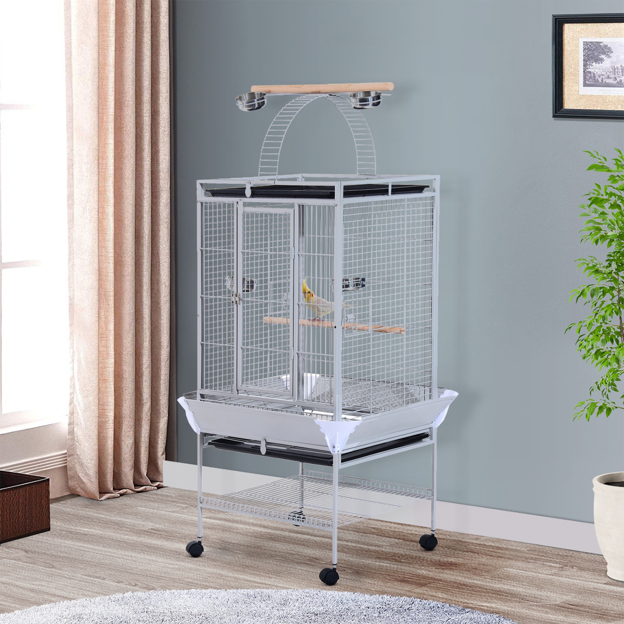 PawHut Vogelkäfig mit Rädern Höhe 161,5 cm, Edelstahlschalen und Holzsitzstangen, Silber