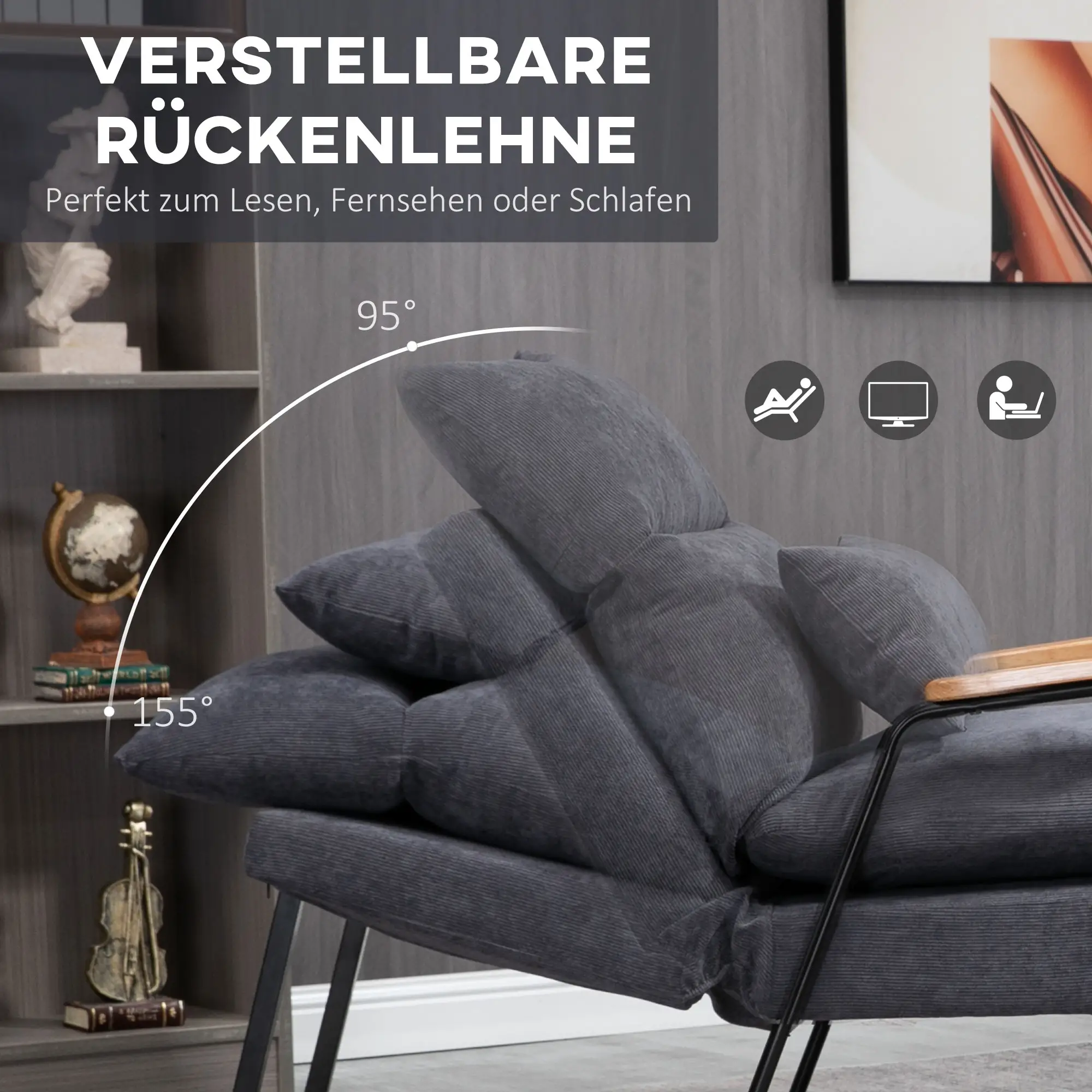 HOMCOM Relaxsessel mit Hocker verstellbare Rückenlehne Set Cord Grau