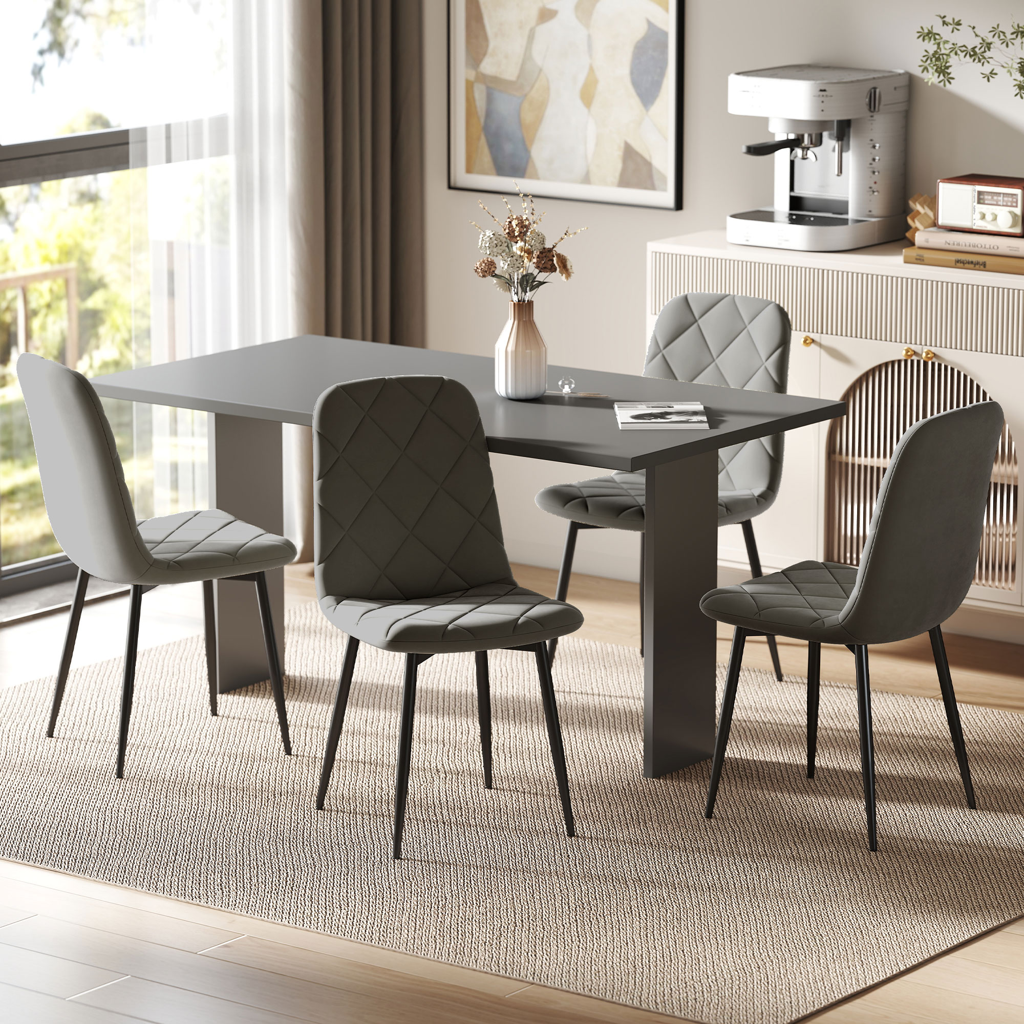 HOMCOM Esszimmerstühle, 4er-Set Küchenstühle mit Rückenlehne, Samtoptik, Polsterstühle mit Metallbeinen, für Esstisch, Grau