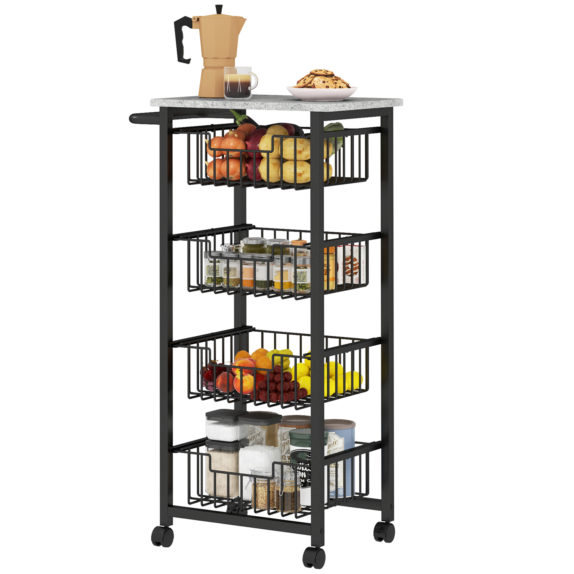 HOMCOM Küchenwagen 4 Ebenen Servierwagen auf Rollen Arbeitsfläche Stahlrahmen 49,5 x 31 x 91 cm Hellgrau