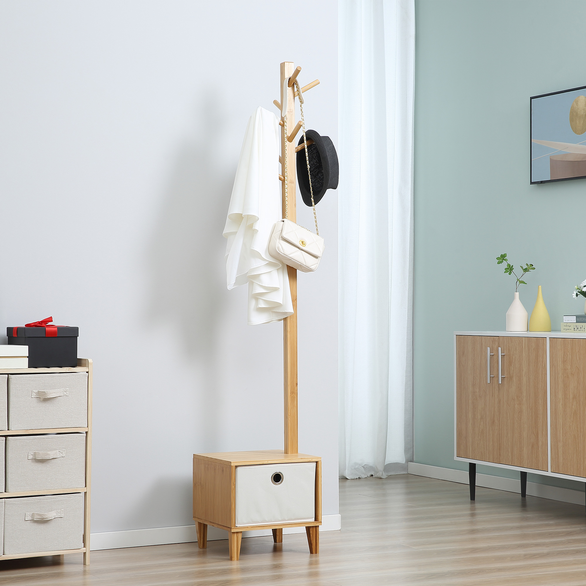 HOMCOM Aufbewahrungsmöbel mit Schublade, Kleiderständer und Bank in 1 im skandinavischen Stil Polyester Hellgrau massives Bambusholz