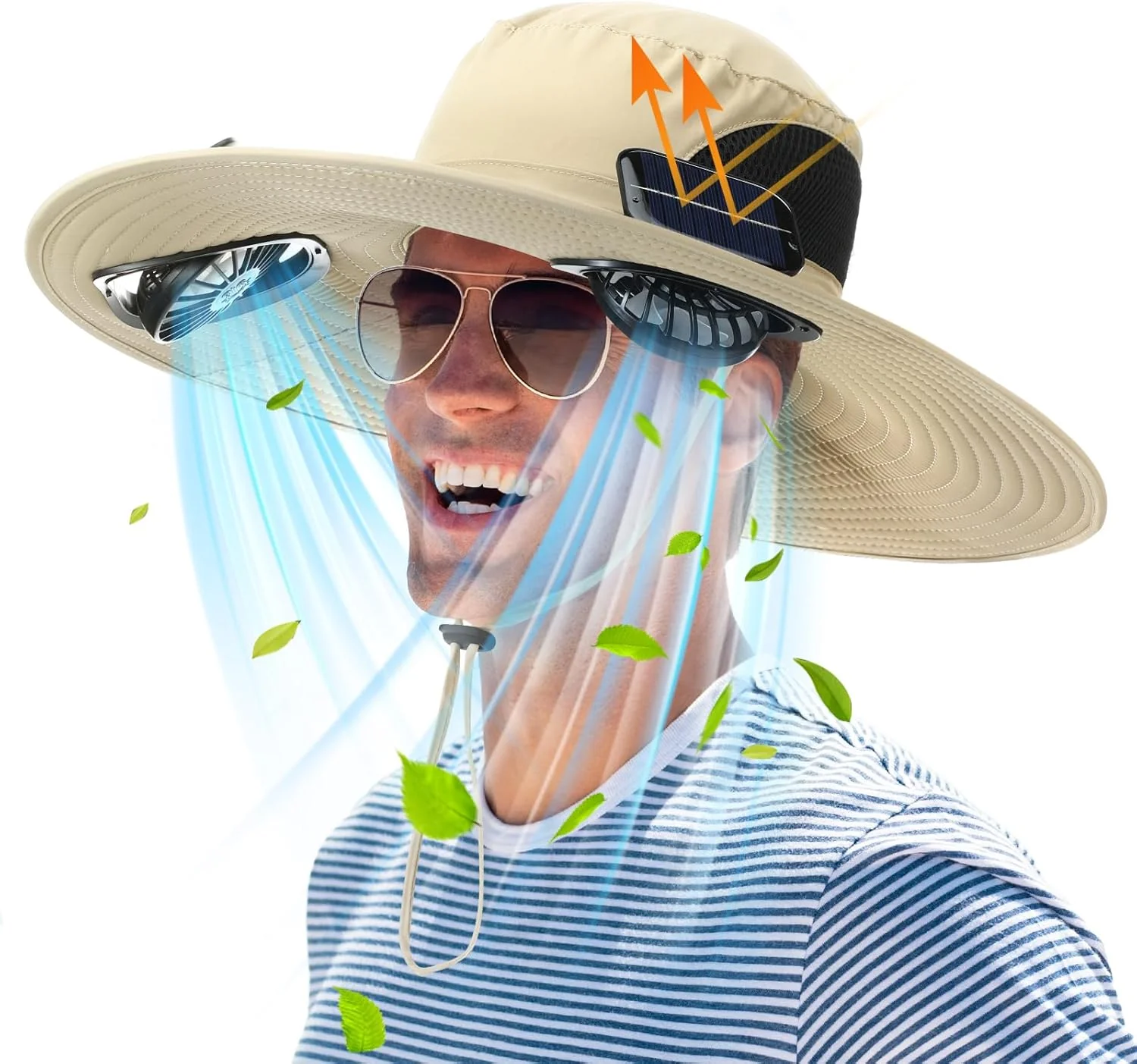 Berlune Men Sun Hat with 2 Solar Fan Fishing Wide Brim Sun Hat for Outdoor Summer Camping Beach, USB & Solar Powered