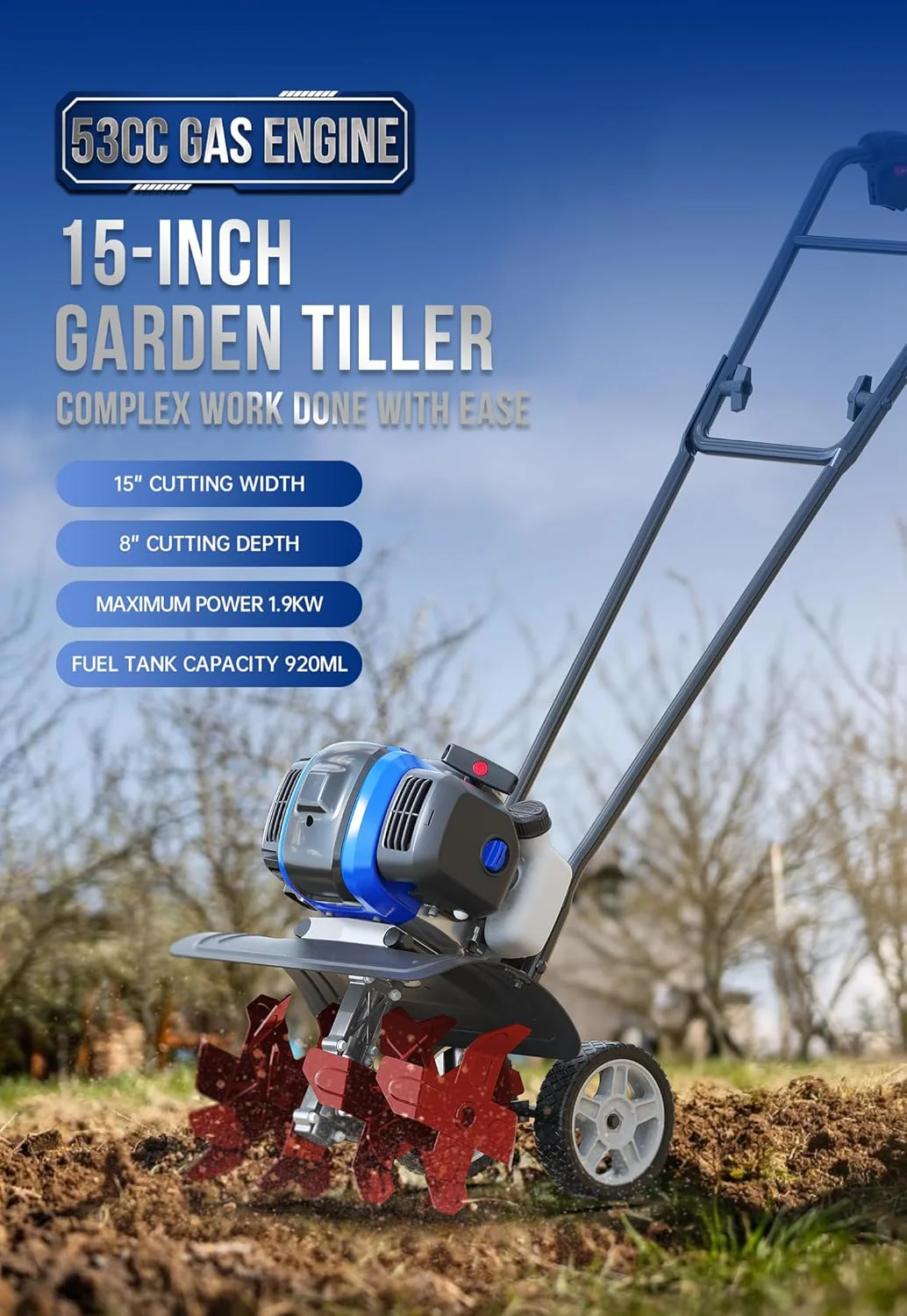 Garden Tiller 53cc Mini Cultivator 15 inch Powerful Liftable Booster Rod Tilling Tool for Lawn, Garden and Field Soil Cultivation