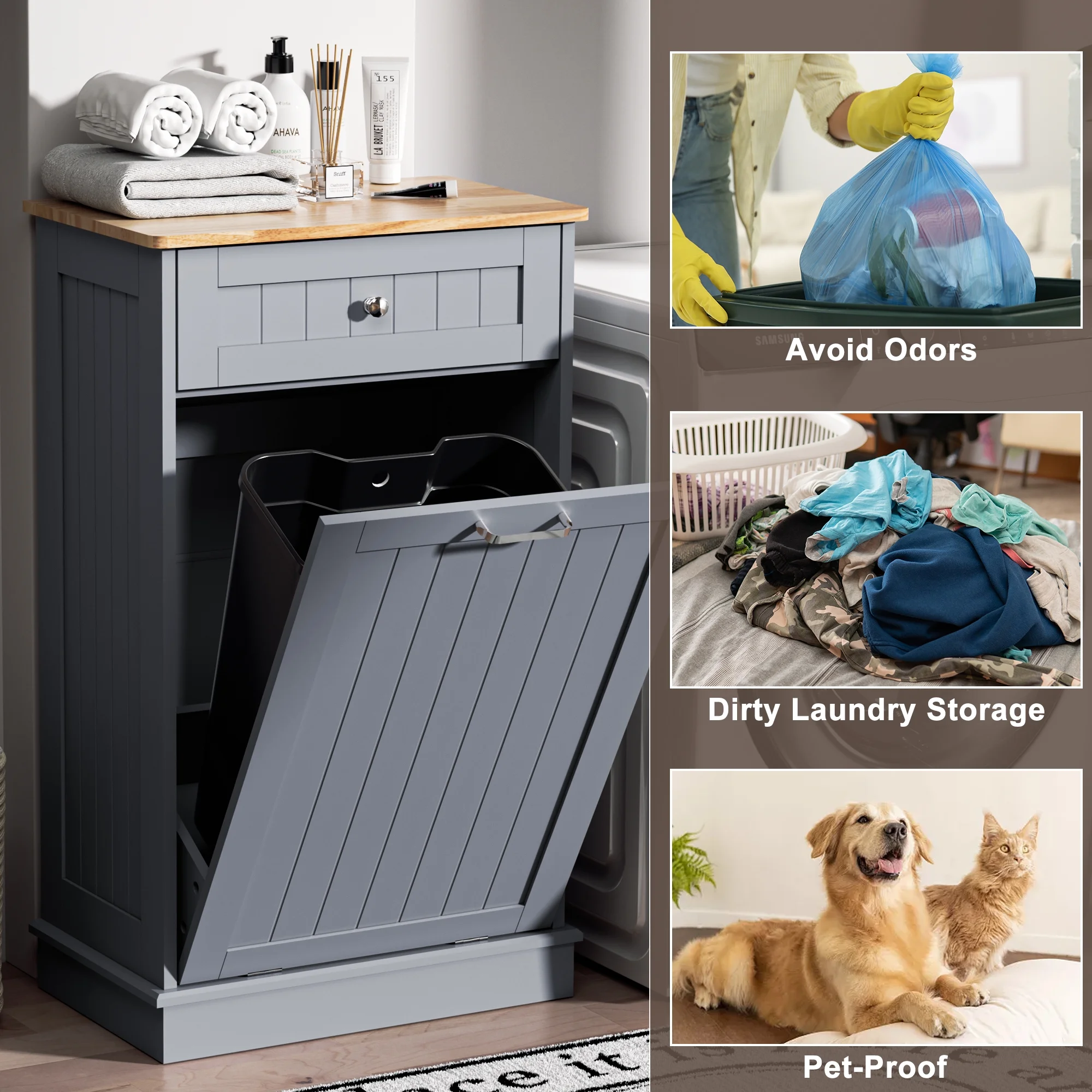 HARIPUL Single Tilt Out Trash Cabinet for 13 Gallon Waste Bin, Free Standing Kitchen Trash Can Cabinet with Drawers, White