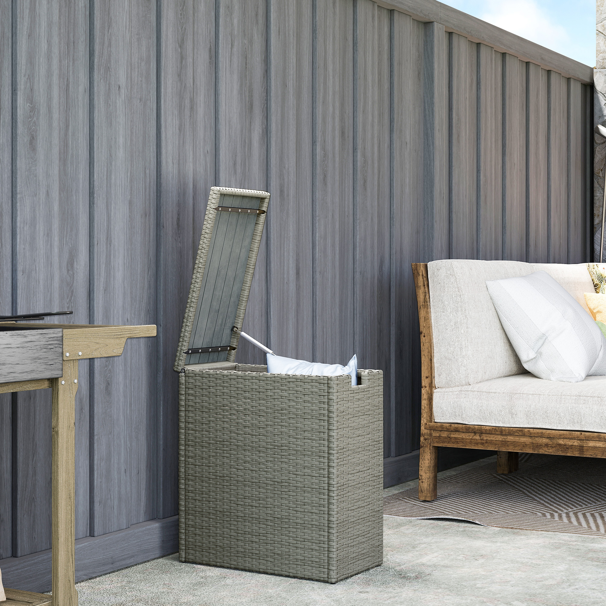 Outsunny Gartenbox aus Polyrattan, 66 L Aufbewahrungsbox mit Akazienholz-Lamellenplatte 28 x 55 x 60 cm, Grau
