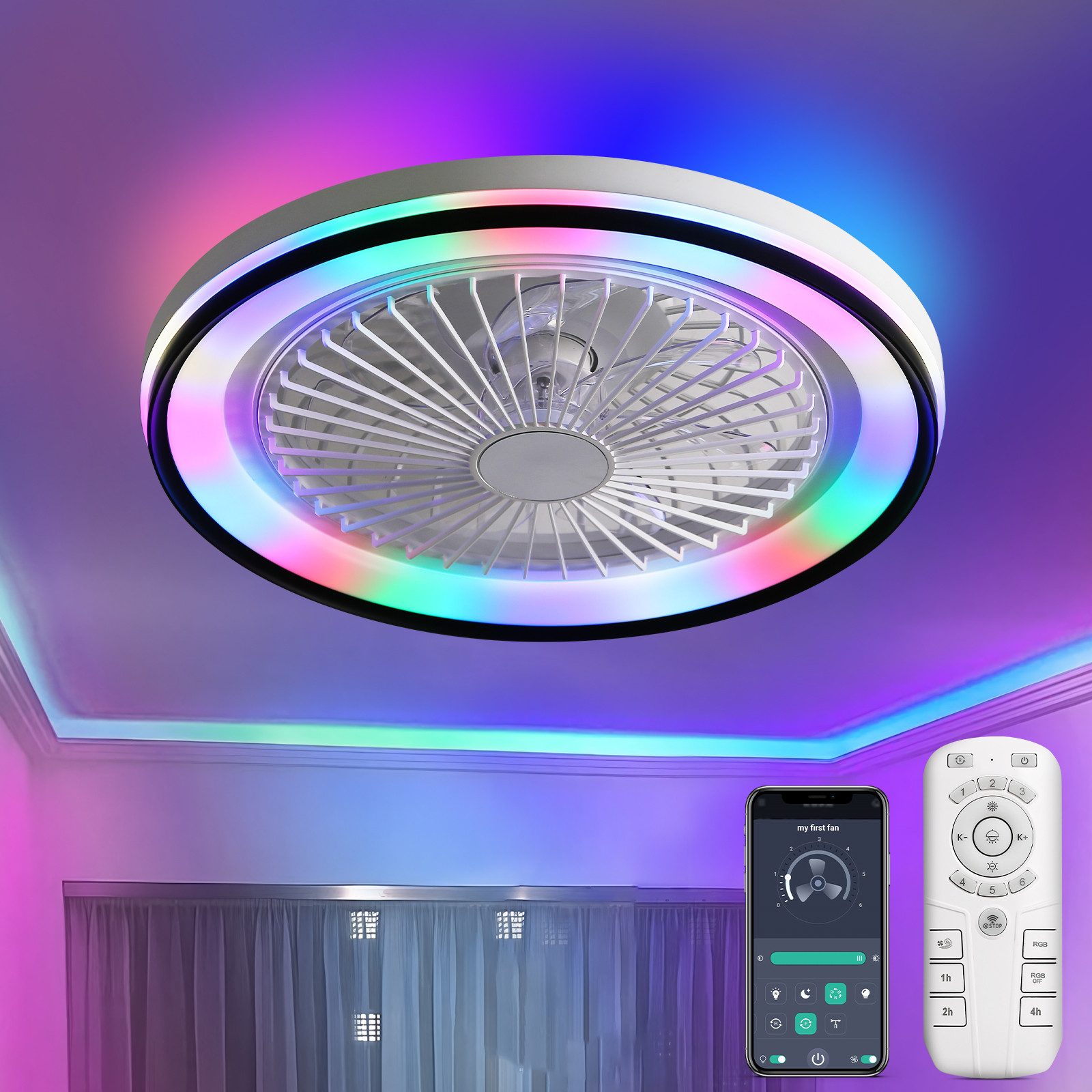 Deckenventilator mit RGB Licht, DC, 48,26 cm, 7 ABS-Flügel