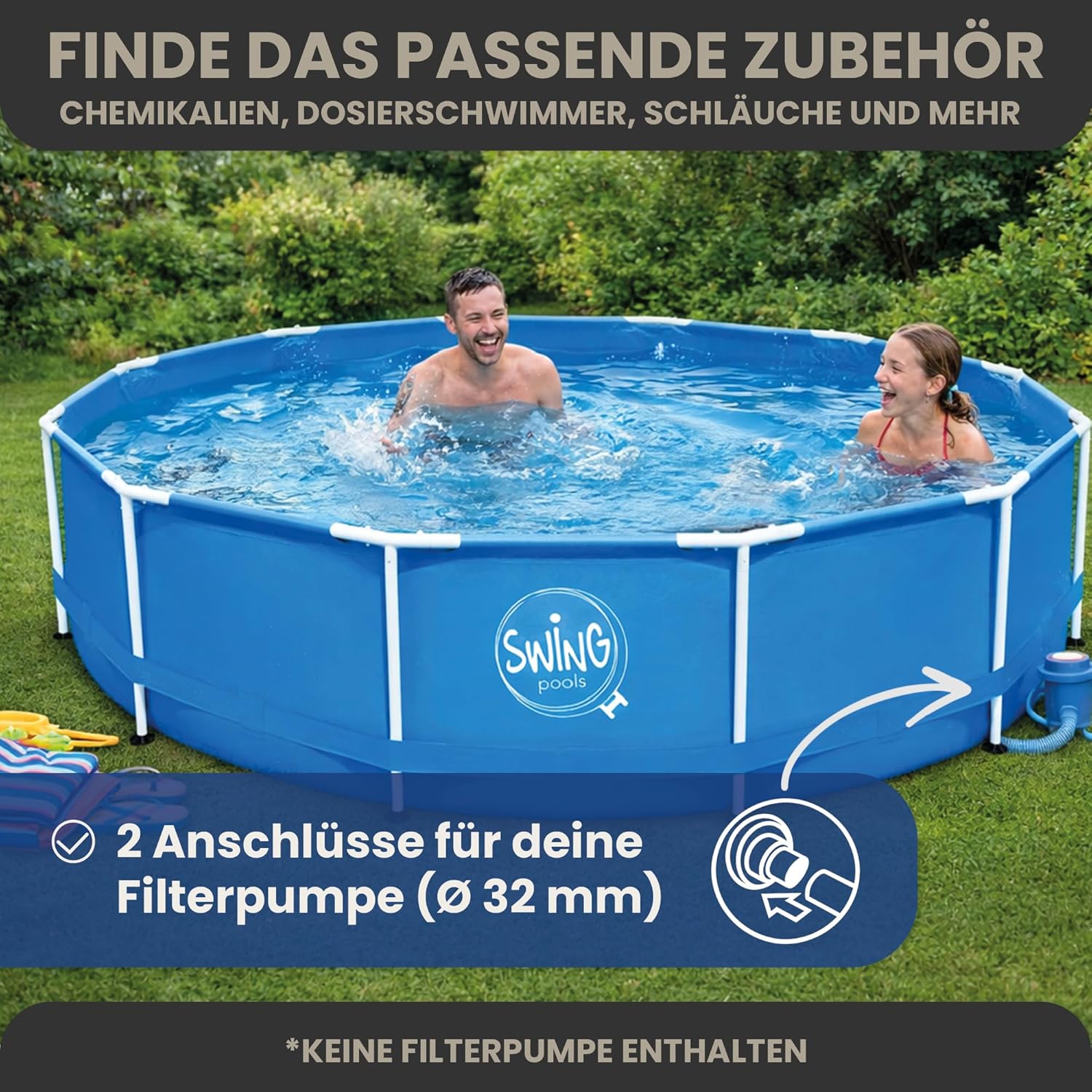 HAF - Swing Frame Pool rund Grau Fischgräte (Ø 366 cm, 91 cm tief) - Gartenpool mit 8.300 Liter - Robust, UV-geschützt & korrosionsbeständig - Stabiler Metallrahmen - Schnellaufbau ohne Werkzeug