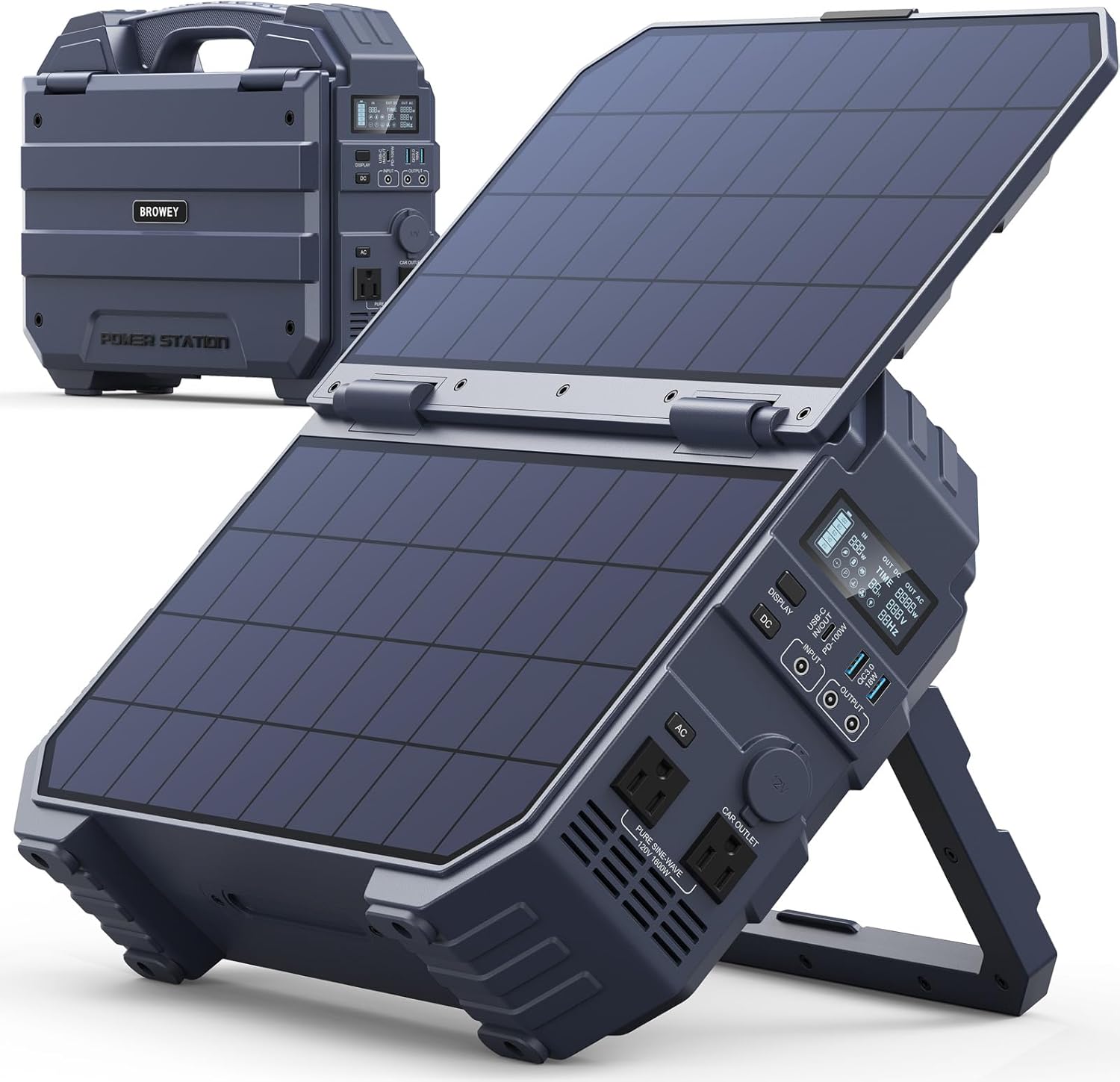 BROWEY 1600W (3200W Peak) Portable Power Station  1024Wh LiFePO4 Battery with Built-in Solar Panel  100W USB-C PD  Solar Generator for Camping  RV  Home Backup  Emergency (Dark Blue)