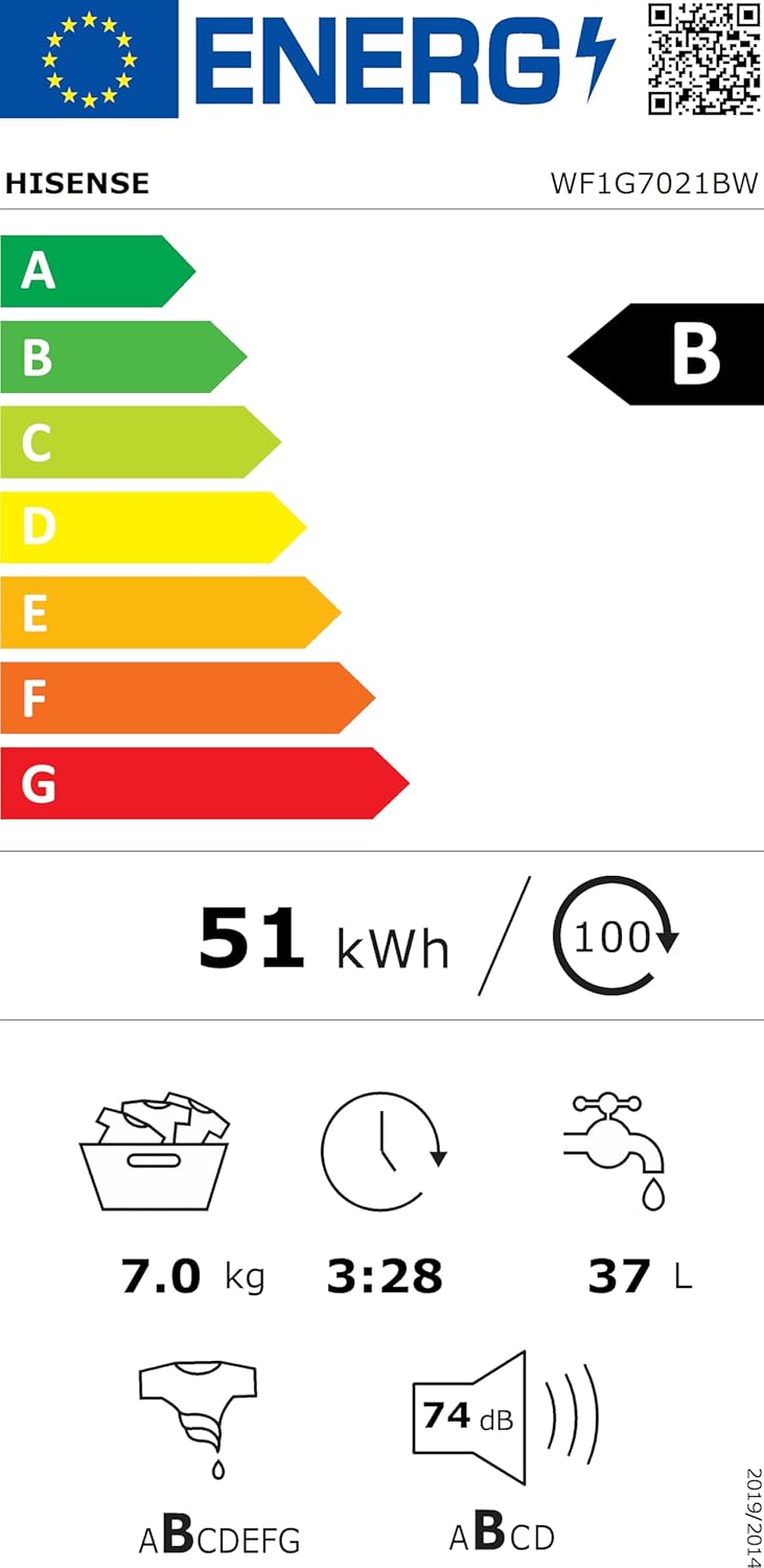 Hisense WFVB7012EM Front Load Washing Machine 7 kg 1200 rpm 15 Programs Steam LED Display Rapid Program Delay Start Child Lock