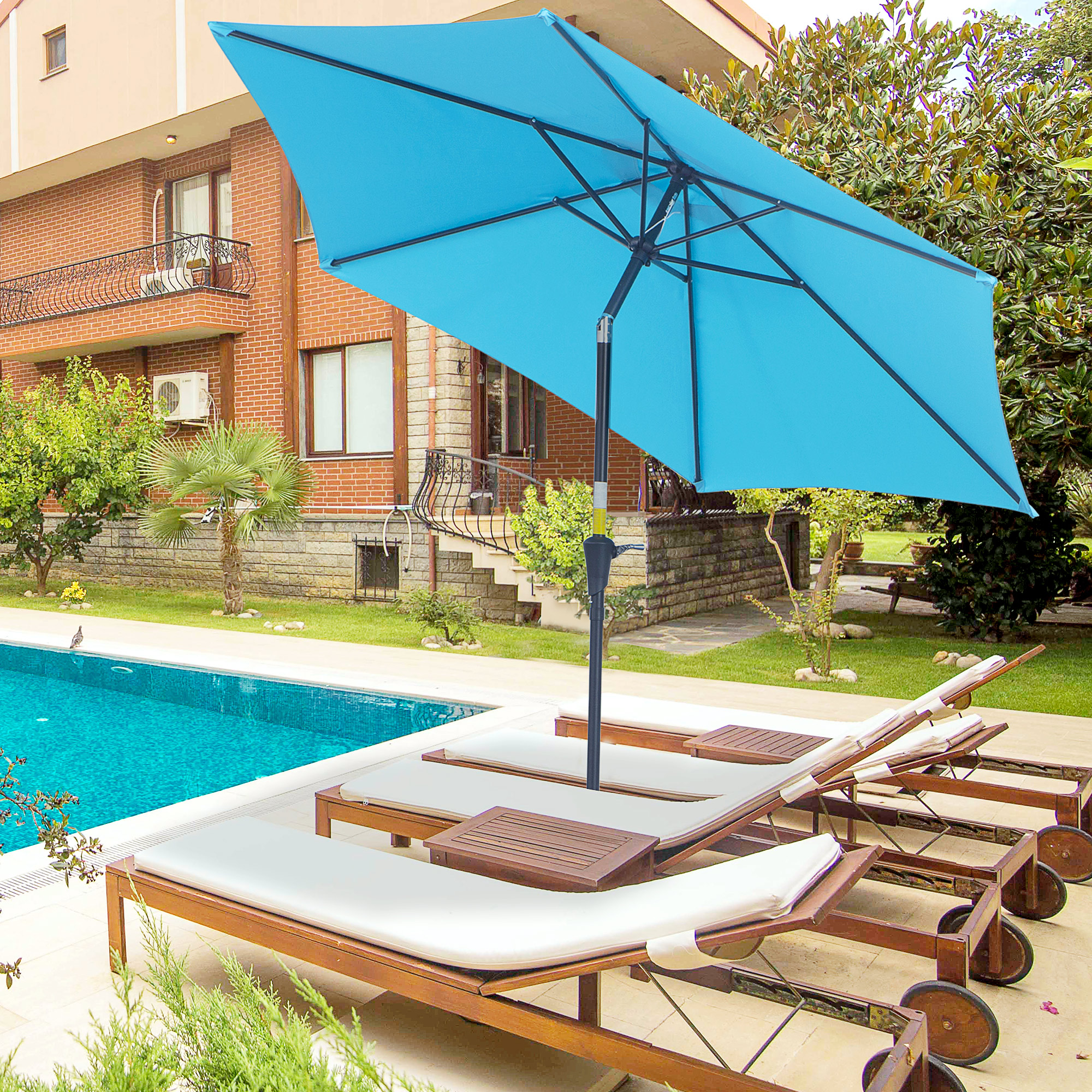 Outsunny Gartenschirm Ø2,6x2,4 m mit Kurbel und Neigbarem Kopf aus Aluminium und Polyester, Blau