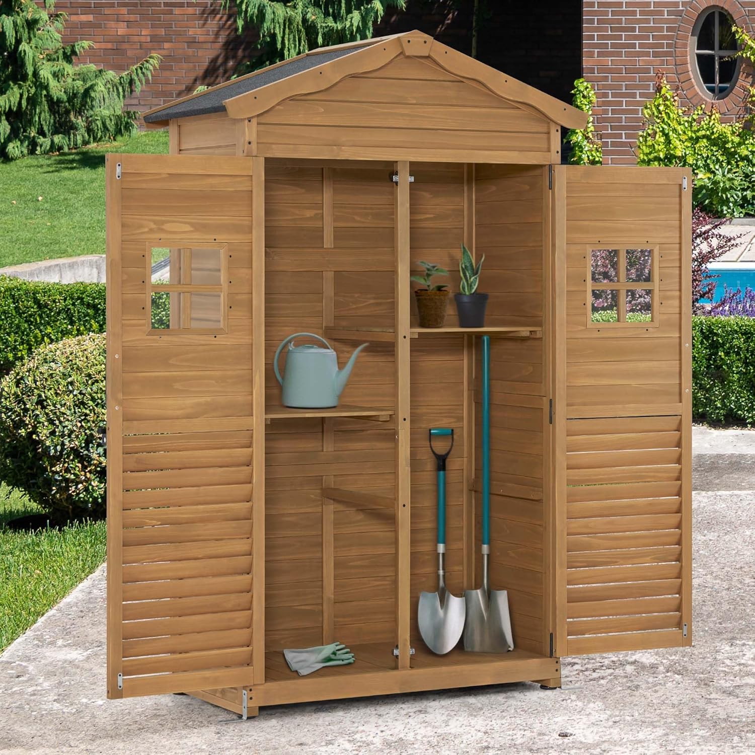 M MCombo casetta da giardino in legno resistente alle intemperie, casetta per attrezzi da esterno, per giardino terrazzo, casetta per attrezzi con 2 ripiani mobili, 57×109×180 cm, 1152 (natura)