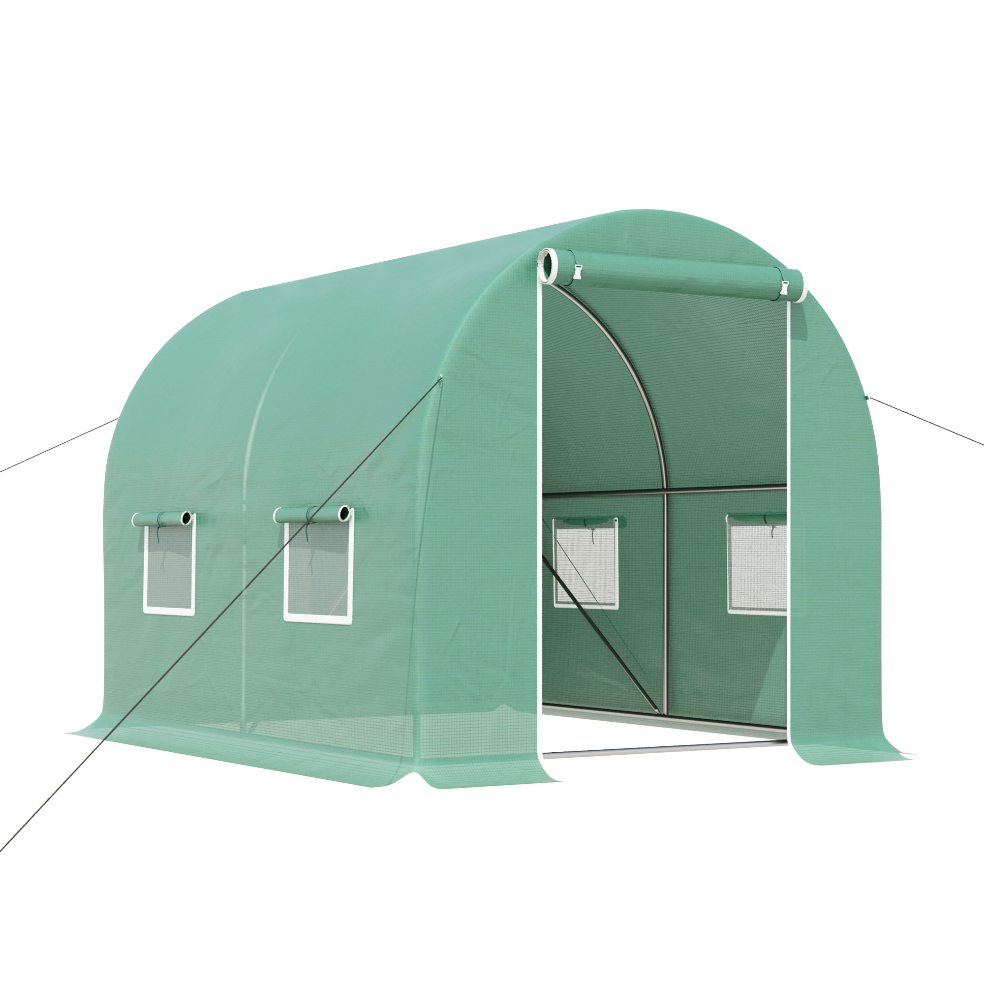 Outsunny Gewächshaus 300x195x189cm Foliengewächshaus Tomatenhaus Tür mit Moskitonetz, Fenster, Folientunnel aus verzinktem Stahl, stabiles Pflanztunnel, Treibhaus inkl. Erdanker Seilen, Grün
