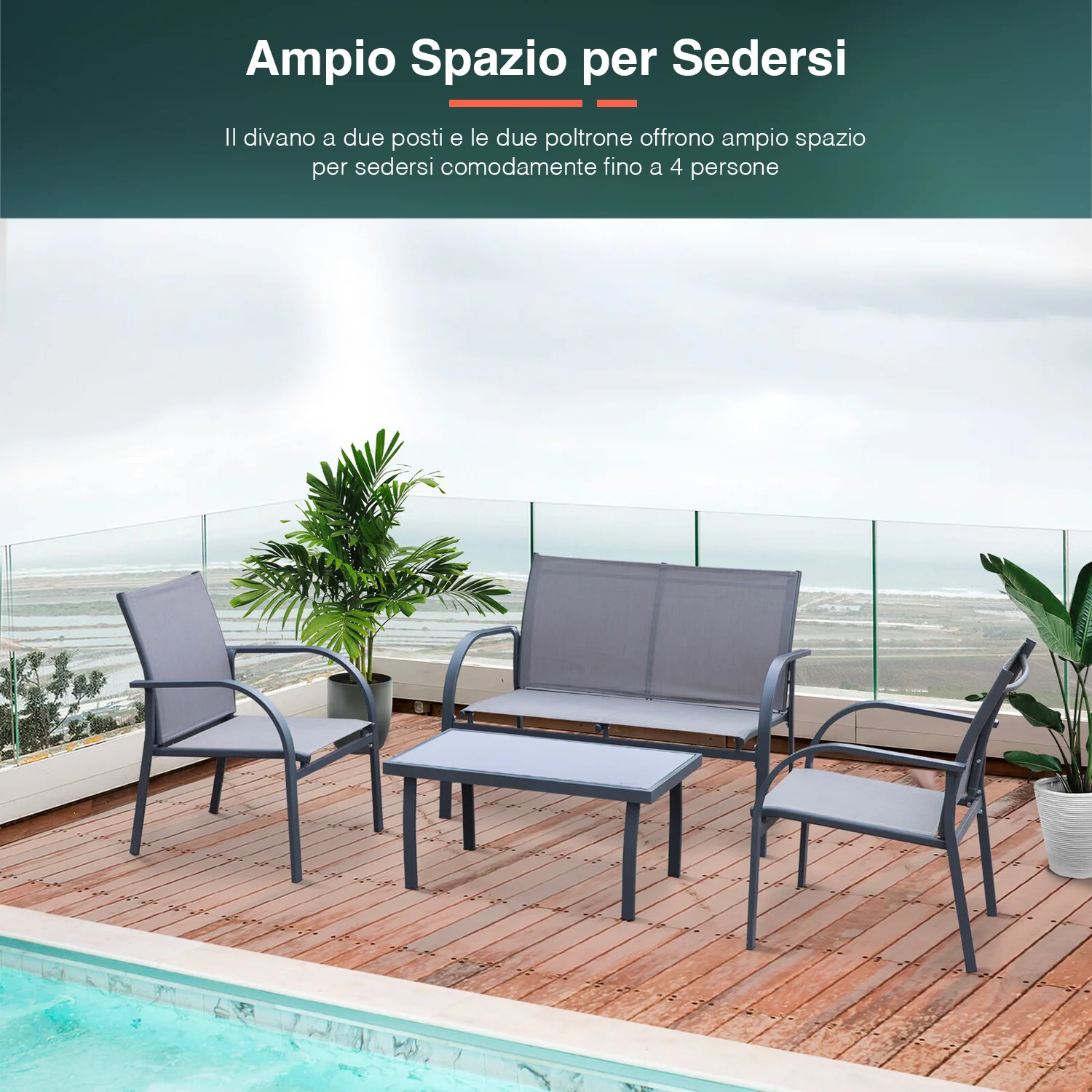 Salotto Da Giardino 2 Poltrone 1 Divano 1 Tavolo Nero-Grigio