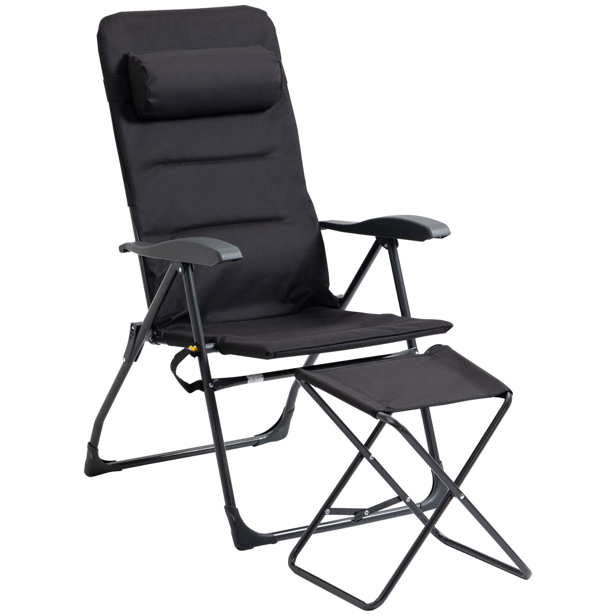 Outsunny Liegestuhl mit faltbarer Fußstütze Sonnenliege 1 Platz tragbar verstellbare Rückenlehne Kopfteil Tasche Schwarz 60 x 73 x 108 cm