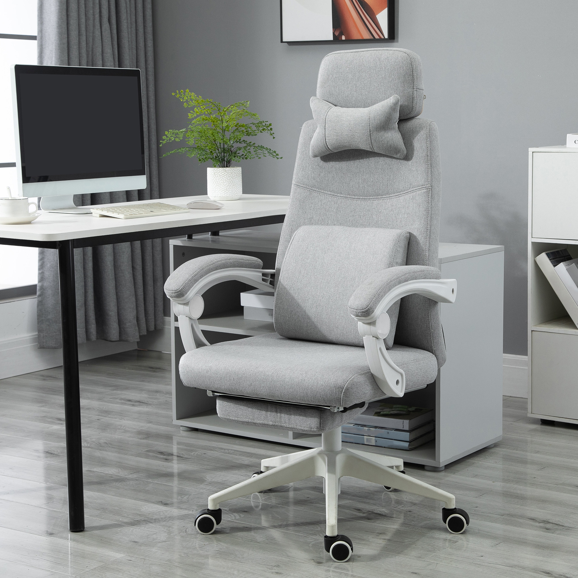 Vinsetto Bürostuhl, Ergonomischer Schreibtischstuhl mit Kopfkissen, Lendenkissen, höhenverstellbar Gamingstuhl mit Fußstütze, hoher Rückenlehne, Grau 62 x 68 x 117-127 cm
