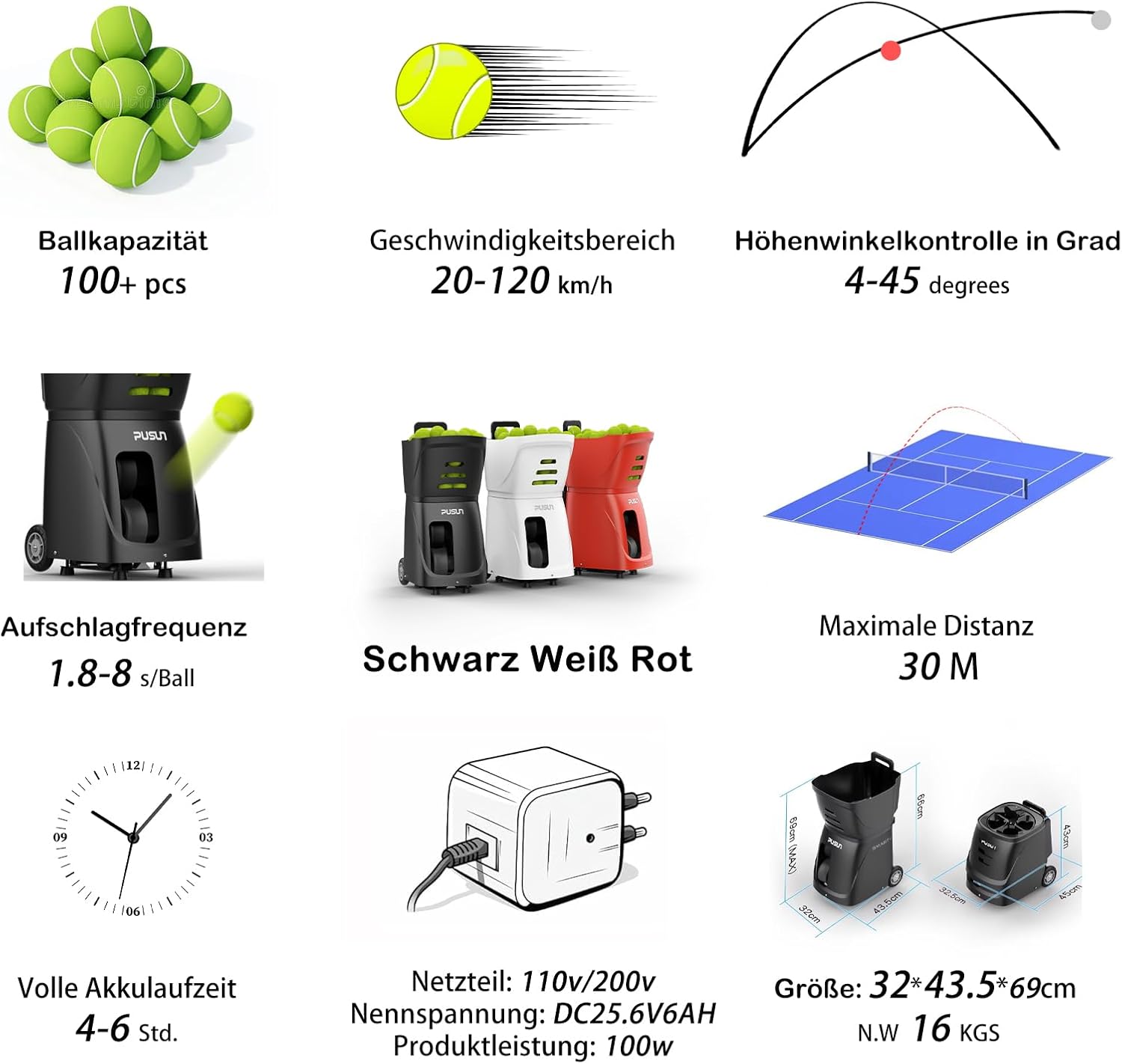 PT-SMART Tennisballmaschine - Profi Ballwerfer mit APP-Steuerung (App für Watch), 20 Landepunkte & 12 Modi, Smart Tennis Trainer für alle Spielniveaus (4-6 Std. Laufzeit)