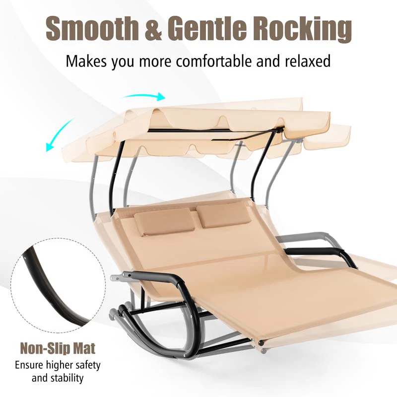 Eletriclife Outdoor 2 Persons Rocking Chaise Lounge with Canopy and Wheels