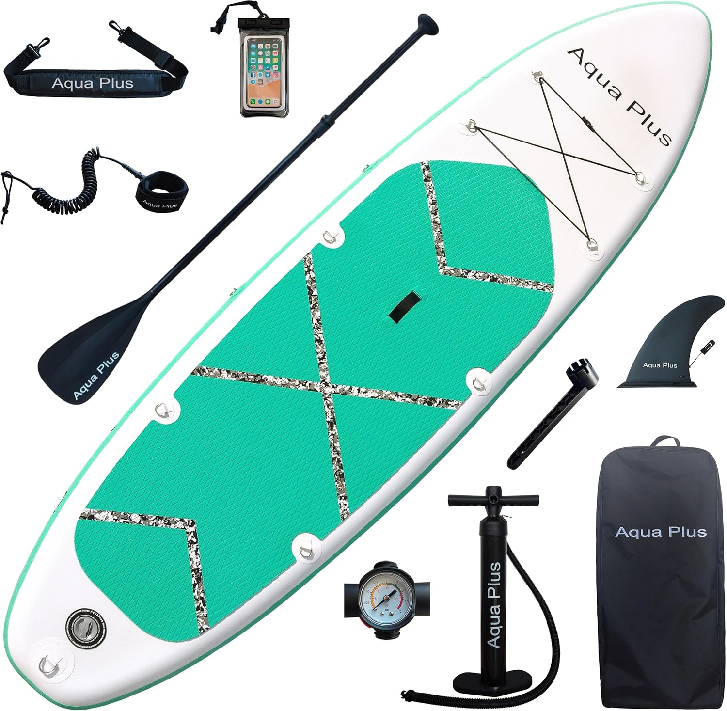 Aqua Plus 15cm Spessore SUP Gonfiabile per Tutti i Livelli di abilità Tavola da Paddle in Piedi, pagaia, Pompa, ISUP Zaino da Viaggio, guinzaglio, Tracolla