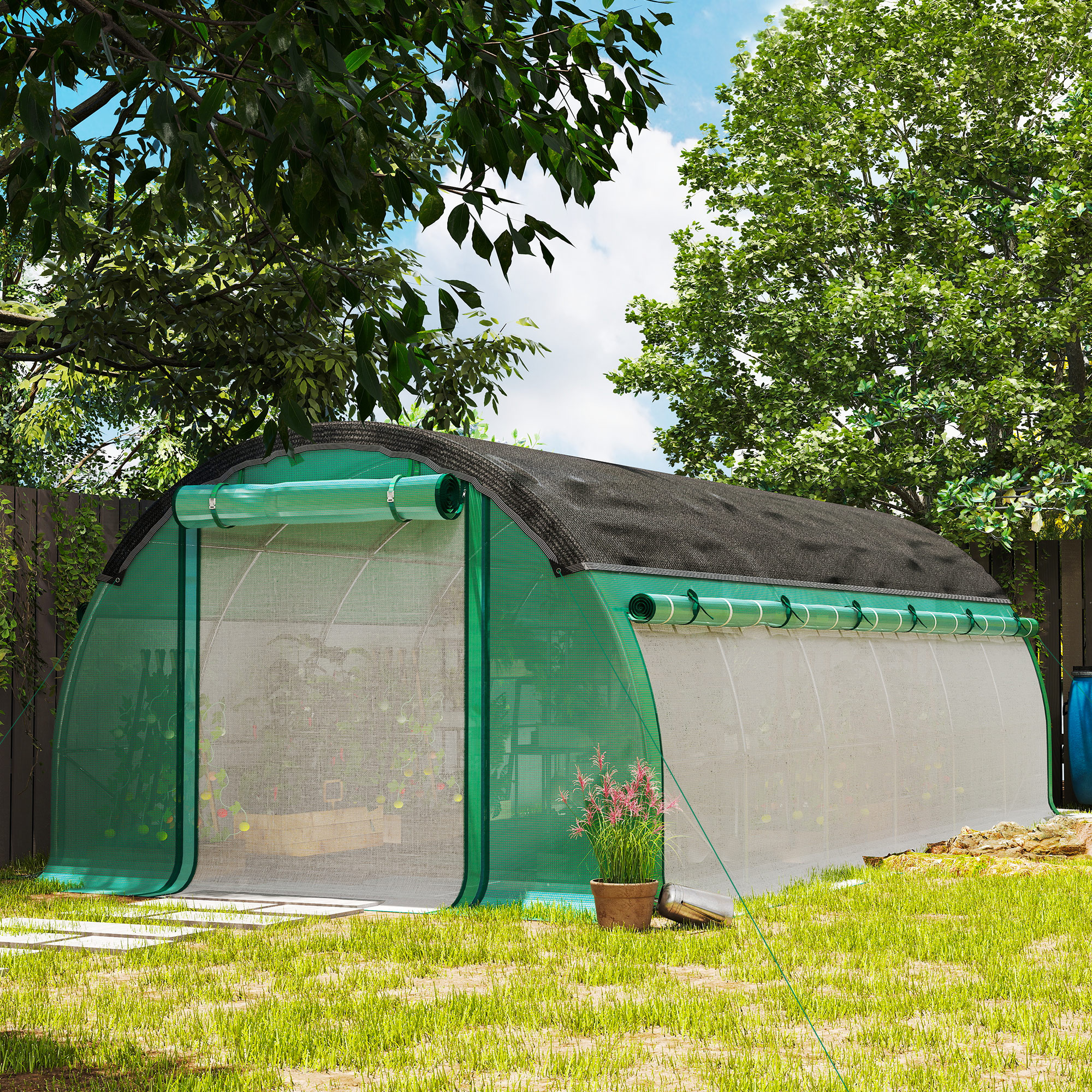 Outsunny 6 x 3 x 2 m Polytunnel-Gewächshaus mit Sonnenschutznetz, rollbaren Seitenwänden, Kunststoff-Abdeckung, Stahlrahmen, Grün