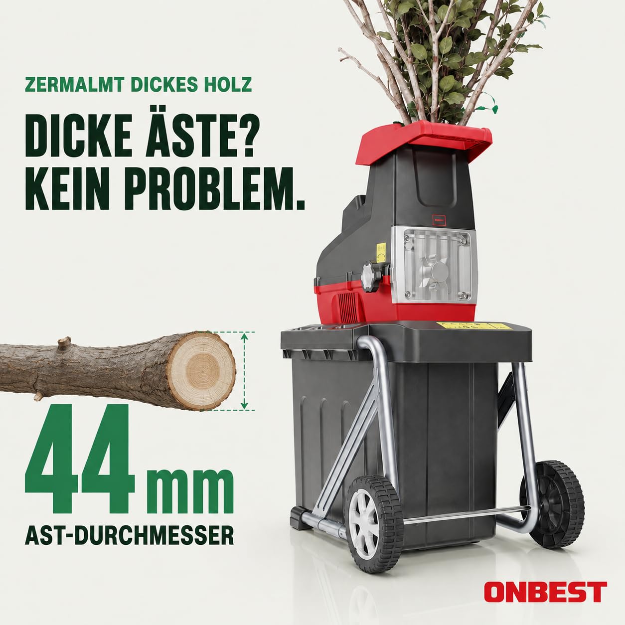 Elektro-Gartenhäcksler 2800 W für Äste bis 44 mm mit 60-Liter-Auffangbox Rücklauffunktion Überlastungsschutz und Selbsteinzug