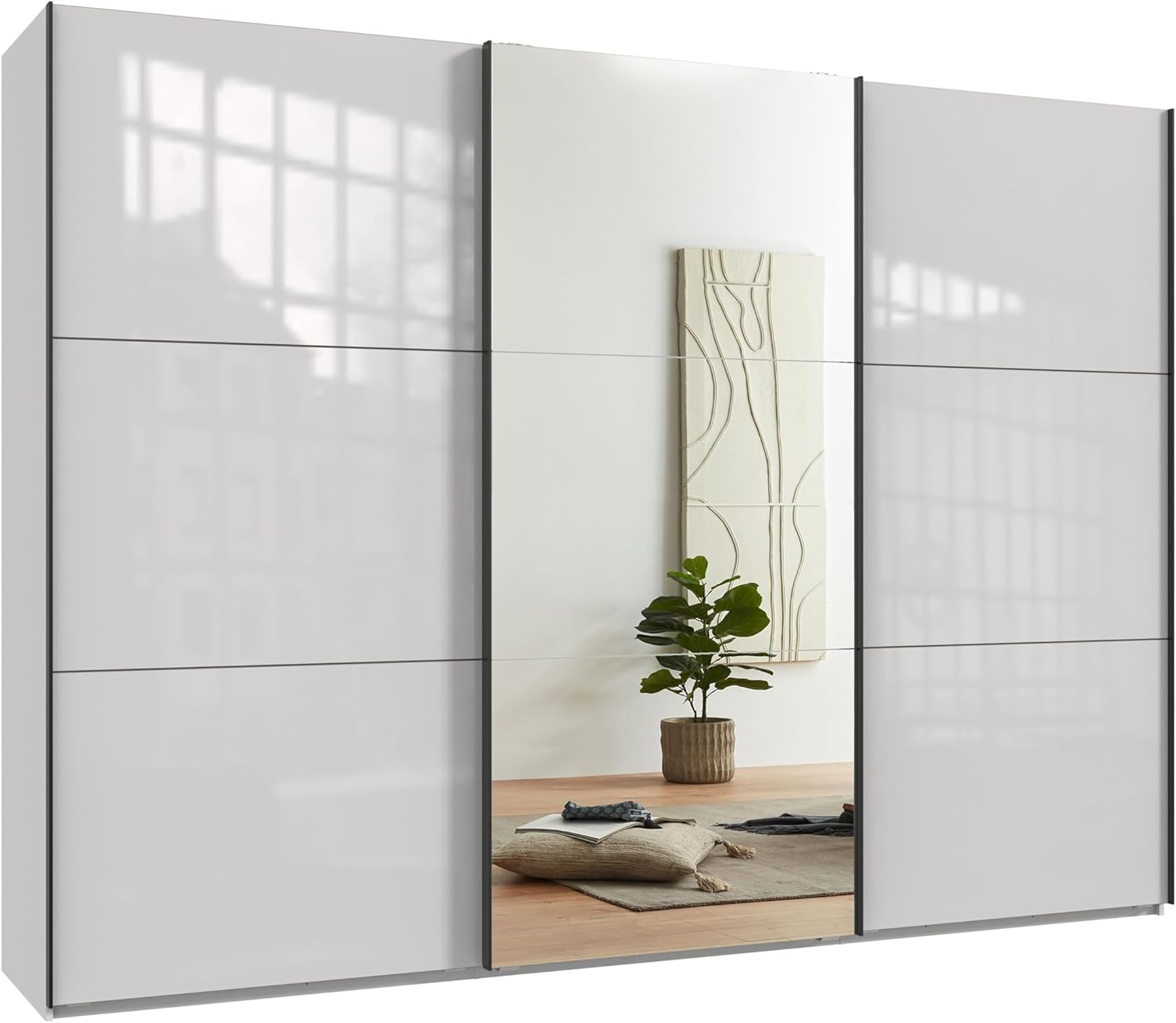 Schwebetürenschrank 3-türig B300/H216/T65 cm Weiß m. Glasfront, Spiegel, schwarzen Griffleisten, inkl. Selbsteinzug, Kleiderschrank m.Einlegeböden, Kleiderstangen, Schubladen, Wäscheeinteilung / 22039