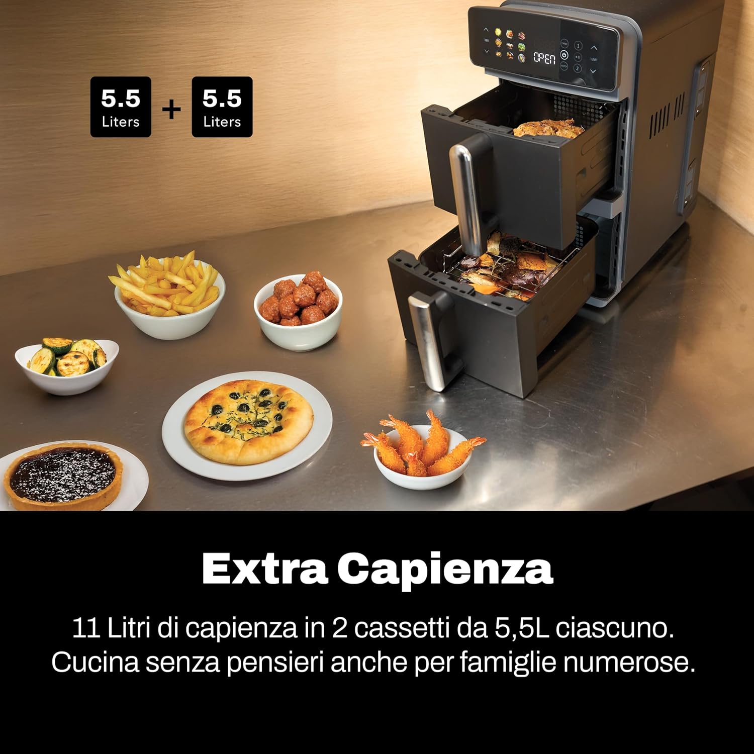 CLASSE ITALY Friggitrice ad Aria Doppio Cestello Verticale, Capacità 11 Lt, Doppia Resistenza, Cottura su 4 Livelli, Funzione Sync & Match, 9 Programmi, Senza PFAS, Temperatura da 60° a 220°, 2400W