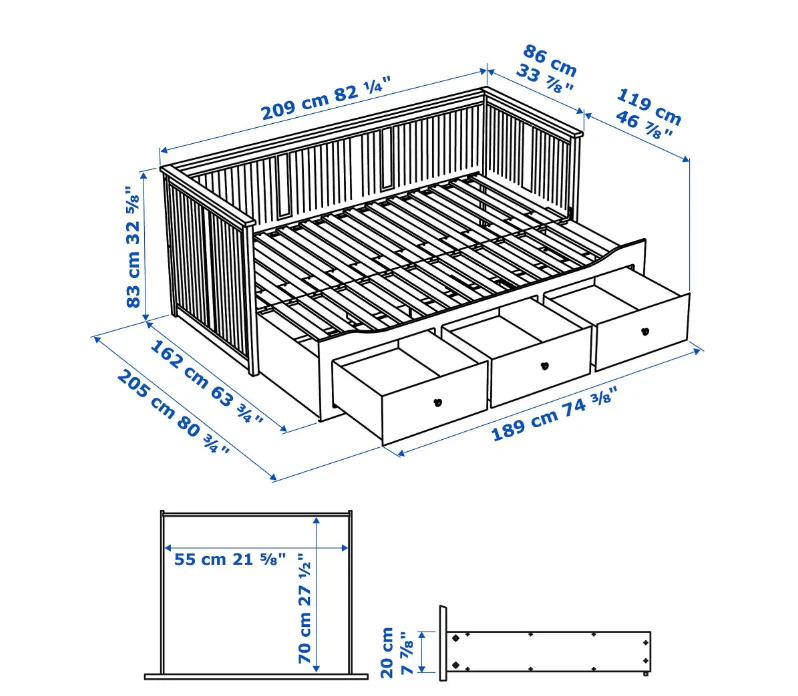 Letto divano IKEA HEMNES con 3 cassetti – Grigio, 80 x 200 cm, salvaspazio e versatile