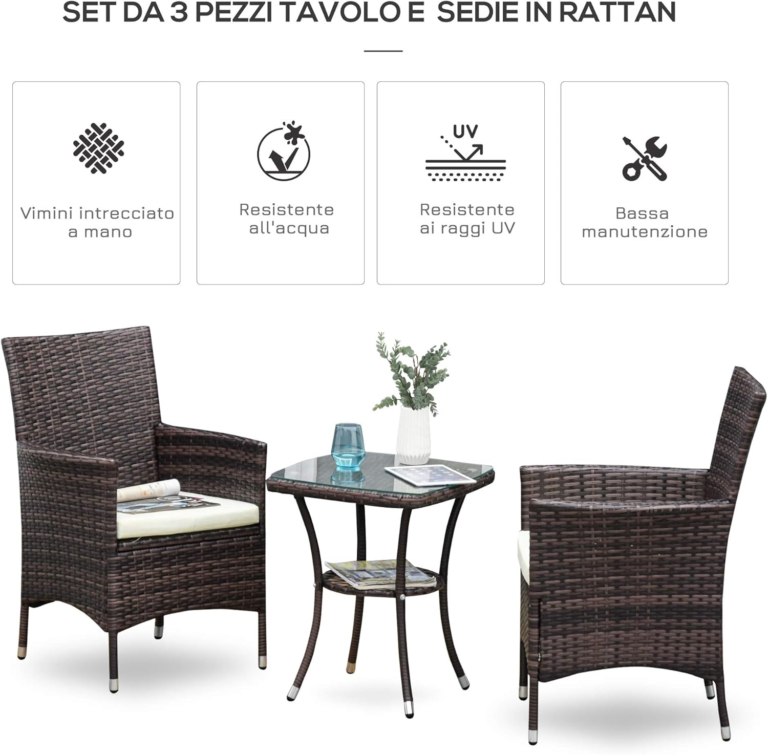 Outsunny Rattan Garden Furniture Set 3-Piece Garden Furniture Set with 2 Chairs with Cushions Brown