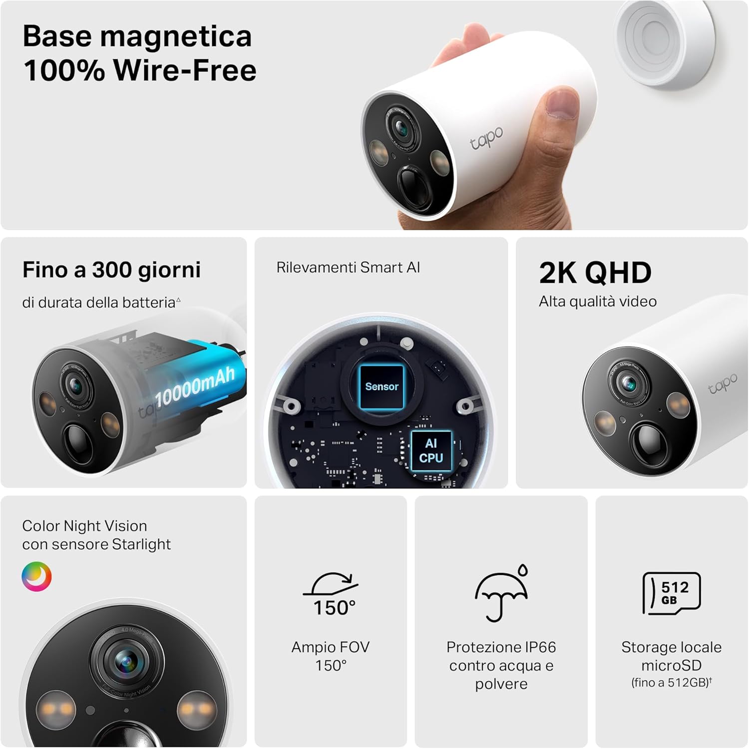 Tapo C425 Telecamera WiFi Esterno Senza Fili 2K 4MP con Base Magnetica, Batteria 300Dì, Allarme su Rilevamento Movimento, IP66, Audio Bidirezionale, Visione Notturna a Colori, Nessun Hub Richiesto 4pz