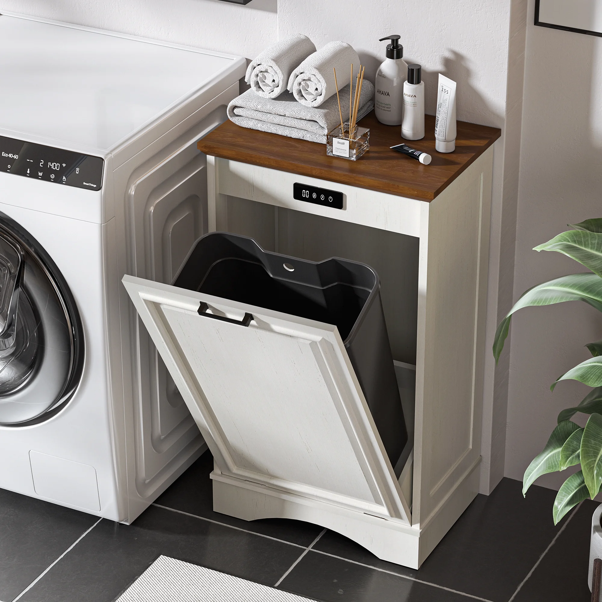 HARIPUL Single Tilt Out Trash Cabinet for 13 Gallon Waste Bin, Free Standing Kitchen Trash Can Cabinet with Drawers, White