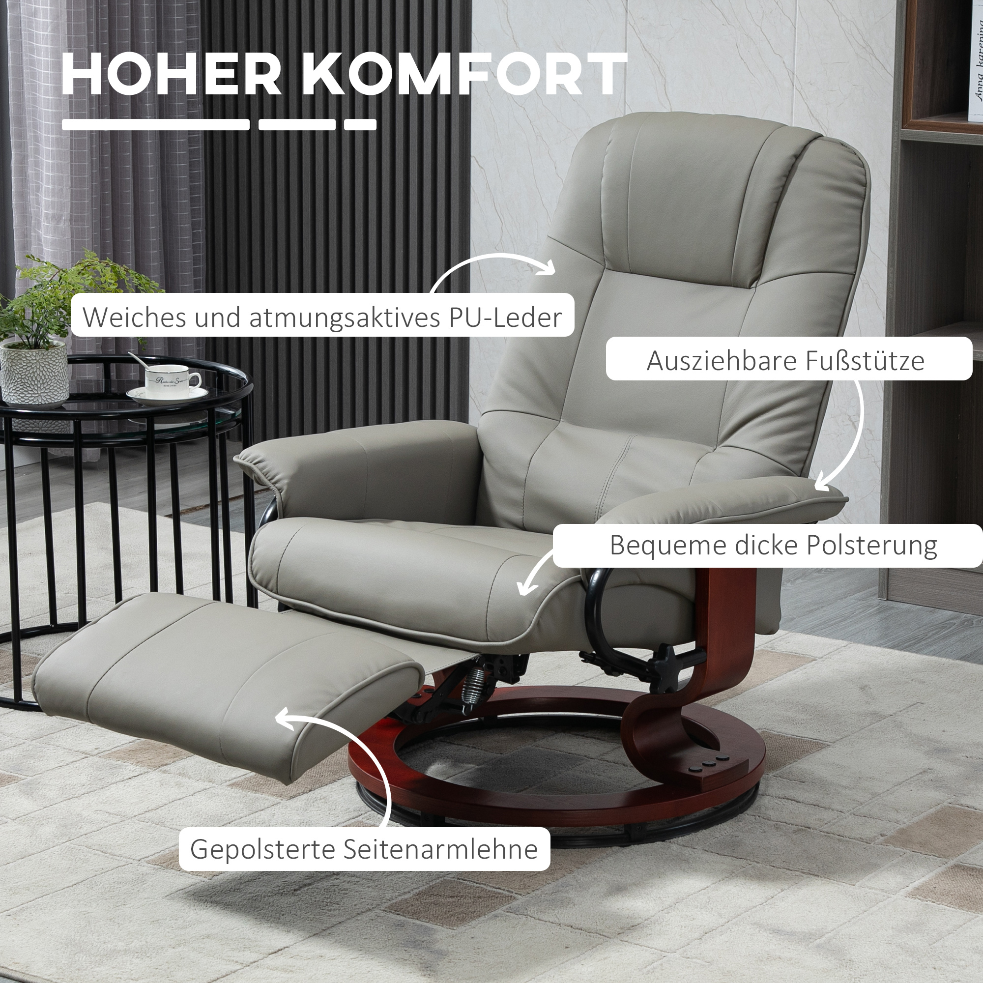 Relaxstoel Televisiestoel Ligstoel Kunstleder 360�� Draaistoel 145�� Kantelbaar Grijs 78 x 87 x 100 cm