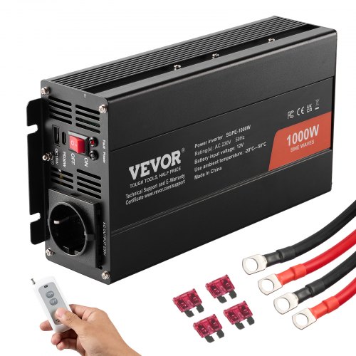 VEVOR Wechselrichter mit reiner Sinuswelle 1000W DC 12V  AC 230V Spannungswandler mit 2 AC-Steckdosen 2 USB-Anschlüssen 1 Typ-C-Anschluss Fernbedienung für kleine Heimgeräte wie Smartphone-Laptop