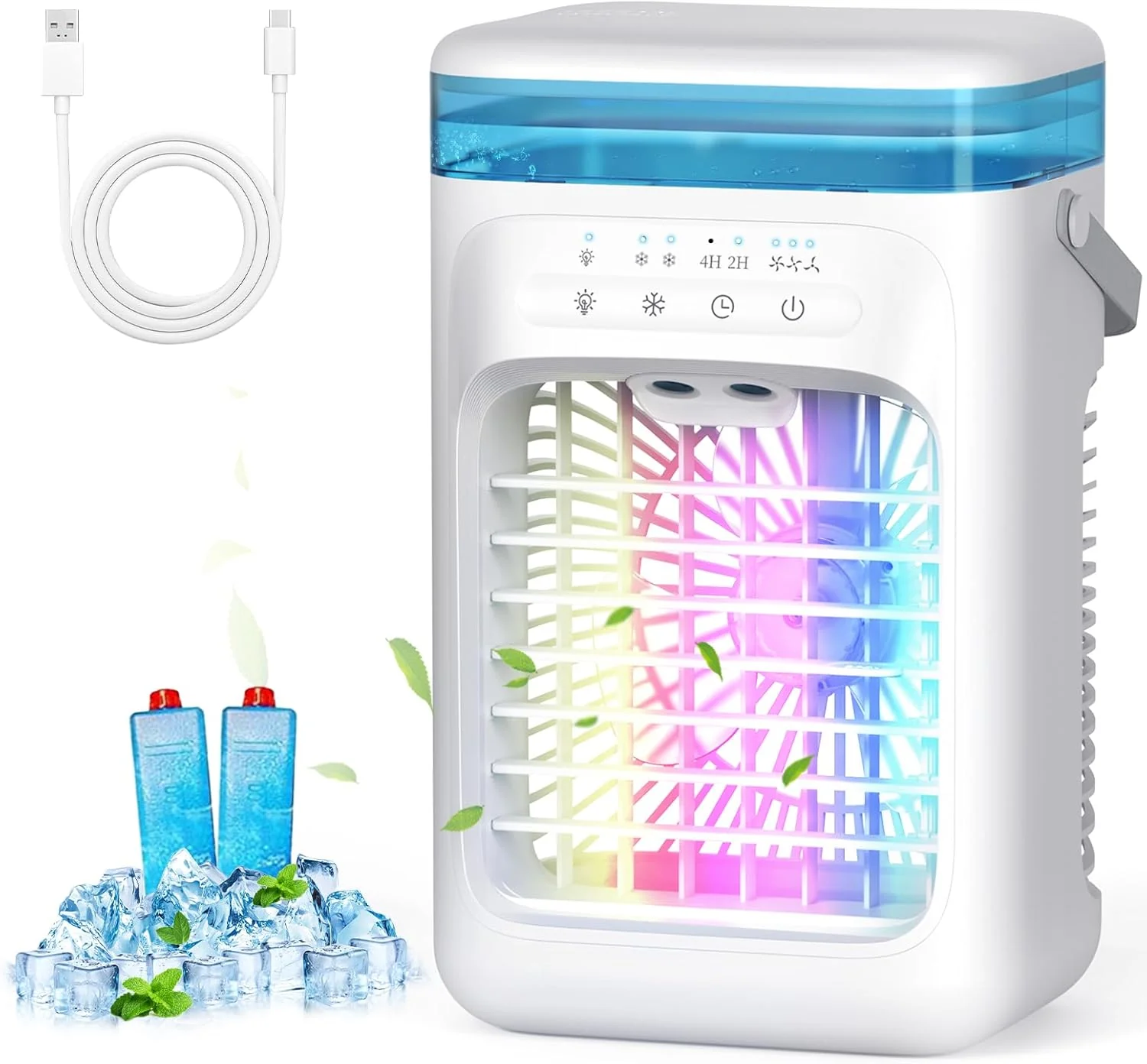 AIMIUVEI Mini Aire Acondicionado Portátil, Enfriador de Aire 5 en 1, Ventilador con Tanque de 1000 ml, 3 Velocidades, 2 Modos de Nebulización, Temporizador de 2-4 horas, Ventilador Refrigerador con 7 Luces LED para Dormitorio y Oficina