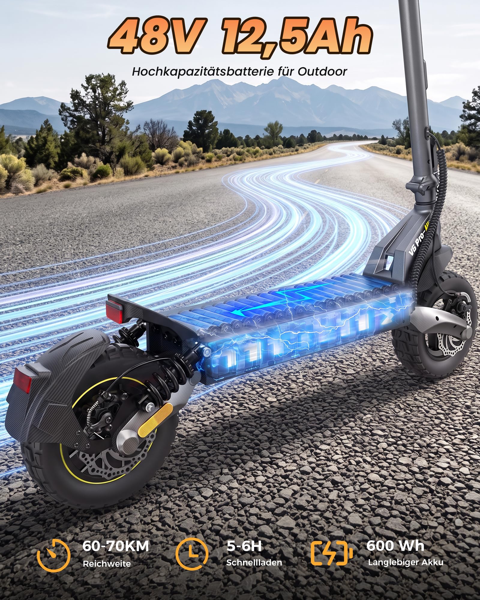 E-Scooter V5Pro mit ABE 500 W 20 km/h 10-Zoll-Luftreifen 48 V 12,5 Ah Akku bis 70 km Reichweite Doppelstoßdämpfung