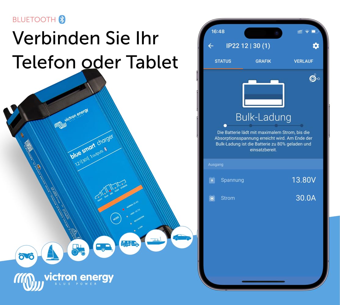 Victron Energy Blue Smart Batterie Ladegerät 12V 30A 230V 1 Ausgang CEE 7/7 IP22 Bluetooth für Wohnmobil Boot