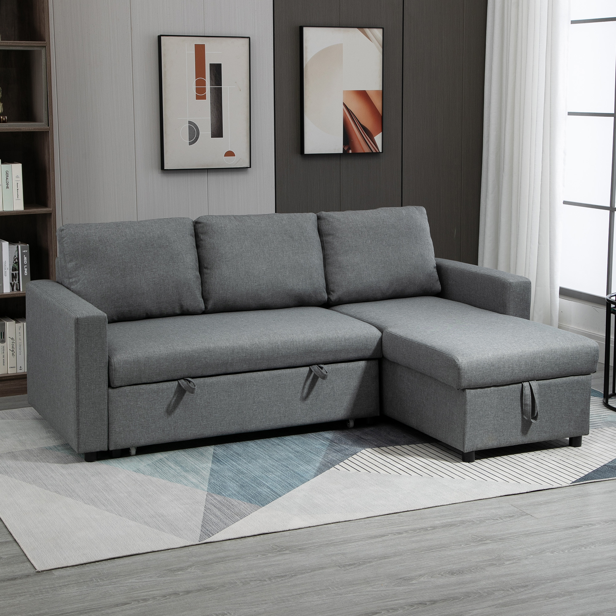 hoekbank met slaapfunctie opbergruimte hoekbank met bedstee chaise longue slaapbank stoffen bank L-vorm linnen touch lichtgrijs 211,5 x 146 x 85 cm