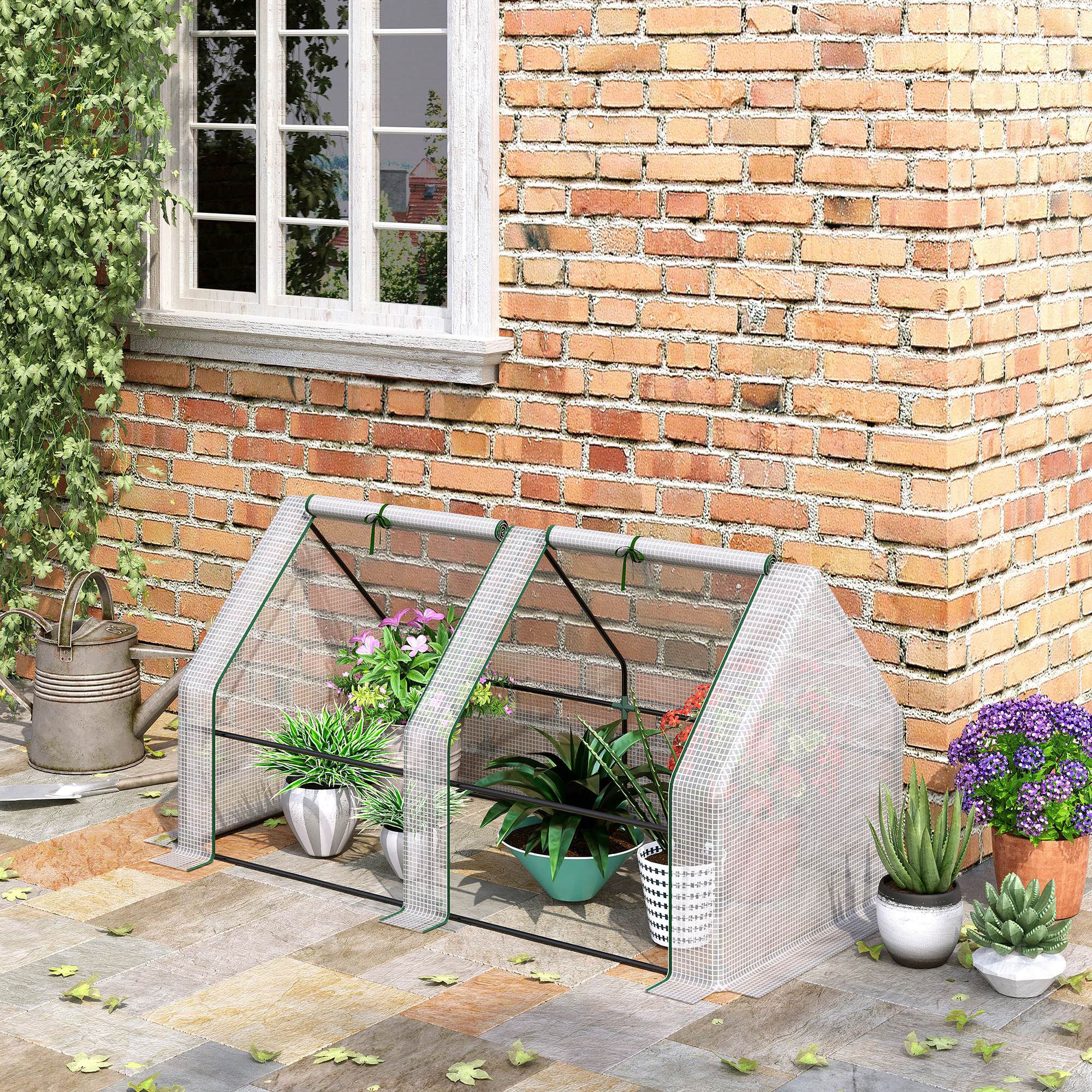 Outsunny Mini Gewächshaus, Treibhaus, 2 Reißverschlusstüren, reißfeste Folie, Metallrahmen, 1,8 x 1 x 1 m, Weiß