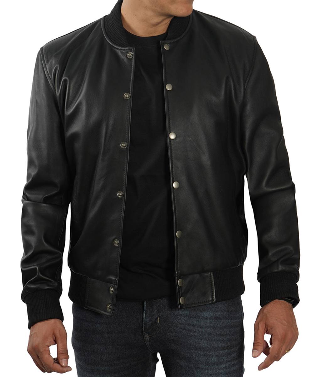 Men Black Leather Bomber Jacket