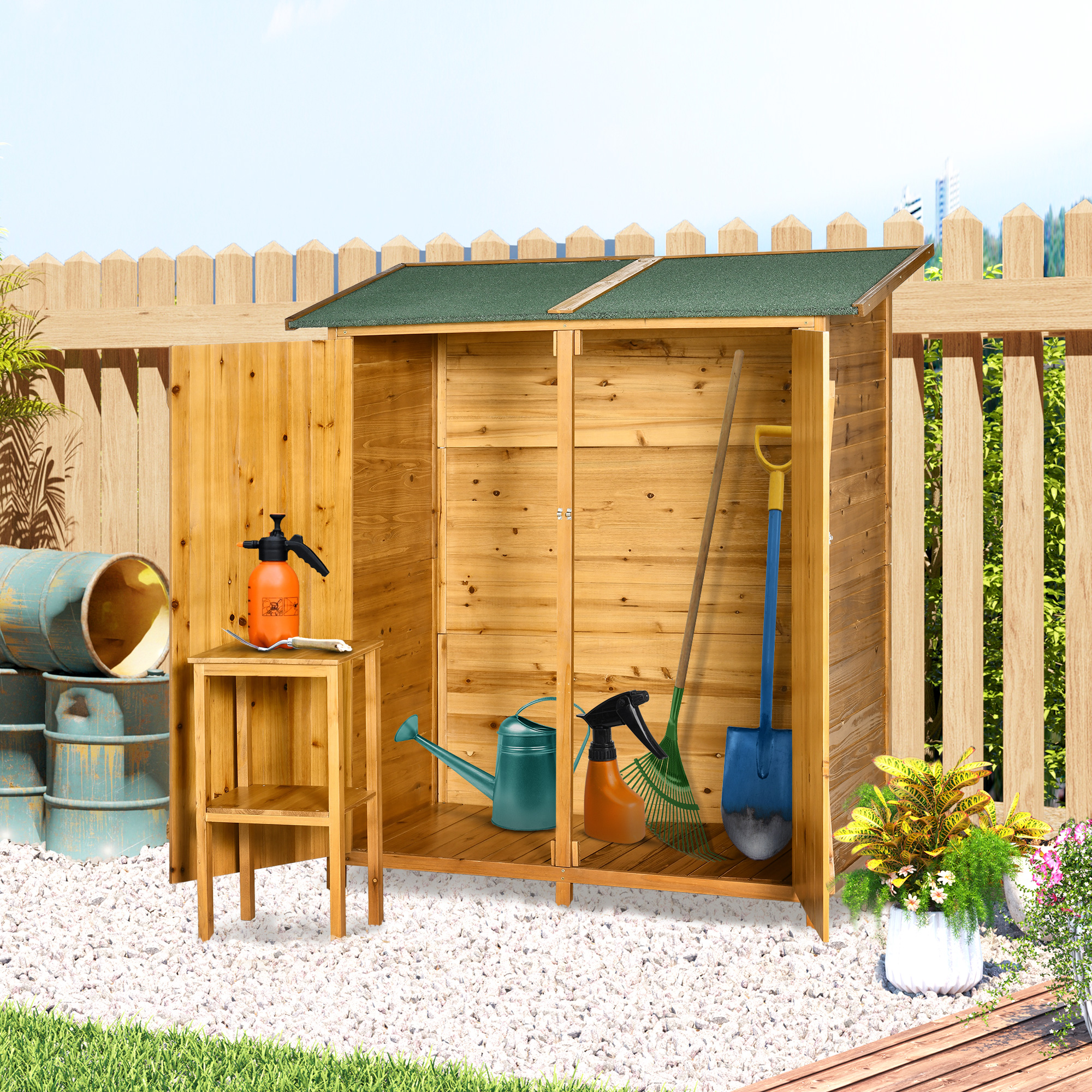 Outsunny Gartenschrank Geräteschuppen mit 2 Tür Geräteschrank  mit Asphaltdach Gartenlagerschrank Antidumping Design mit Bodennägel Tannenholz Natur 140 x 75 x 157 cm