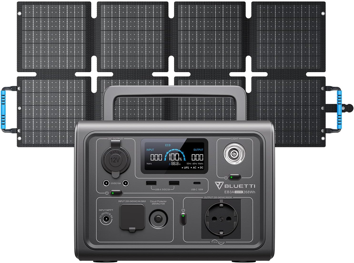 BLUETTI Centrale Elettrica Portatile EB3A, 268Wh LiFePO4 Batteria, 600W (1200W Picco) AC Uscita, Ricarica da 0-80% in 30 Minuti, Generatore Solare per Campeggio
