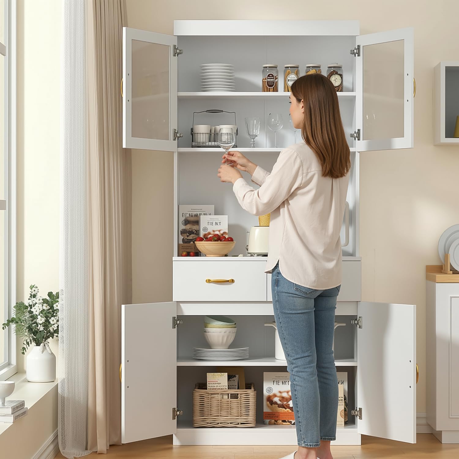 VOWNER Credenza Cucina Alta, Cucina Dispensa, Mobile Buffet, Mobile Dispensa con 4 Armadietti, Armadio Dispensa, 2 Ripiani Regolabili, MDF, 80L x 40W x 181H cm (Bianco)
