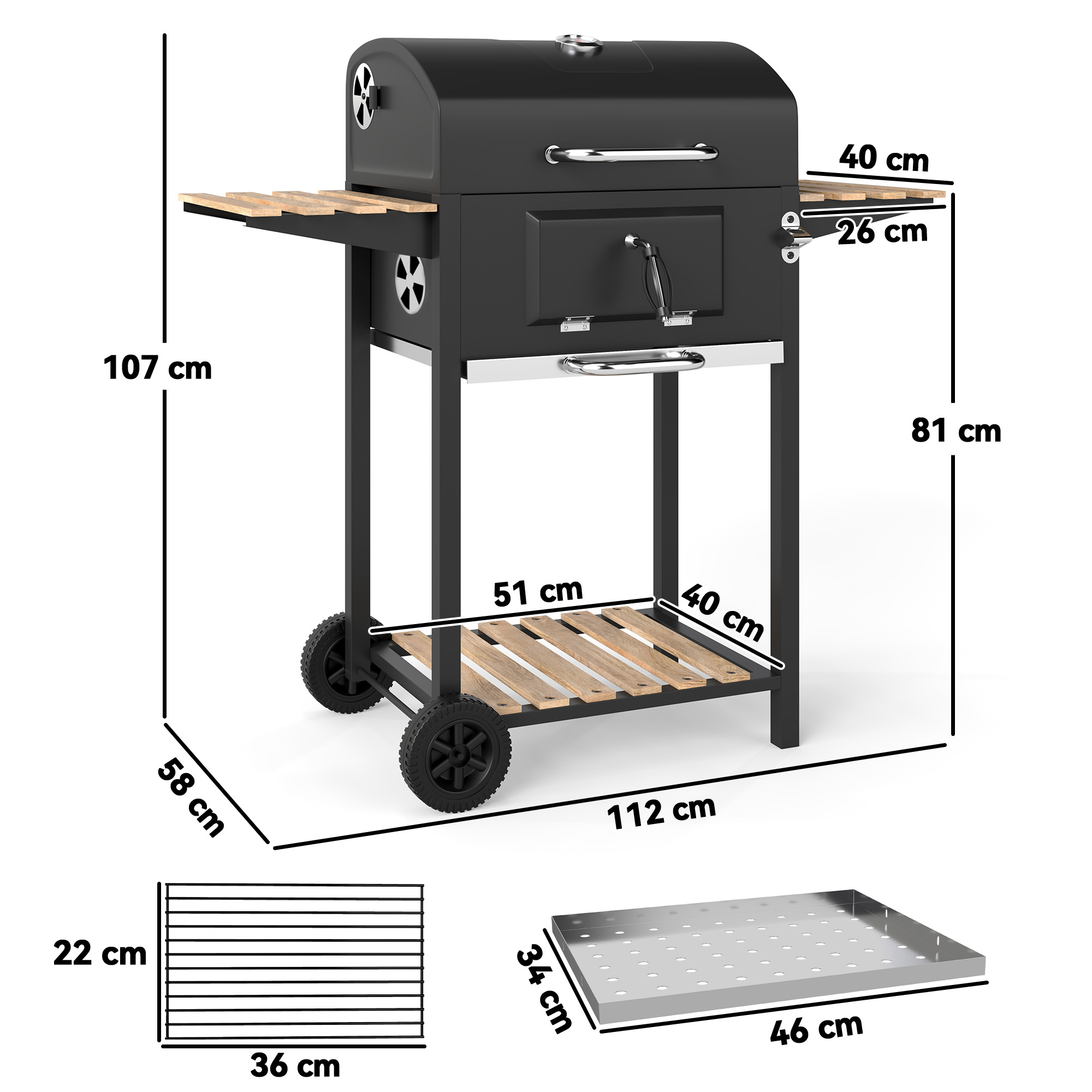 Houtskoolgrill met verstelbare kolenbak, grillwagen, planken, thermometer, flesopener, staal, hout, zwart
