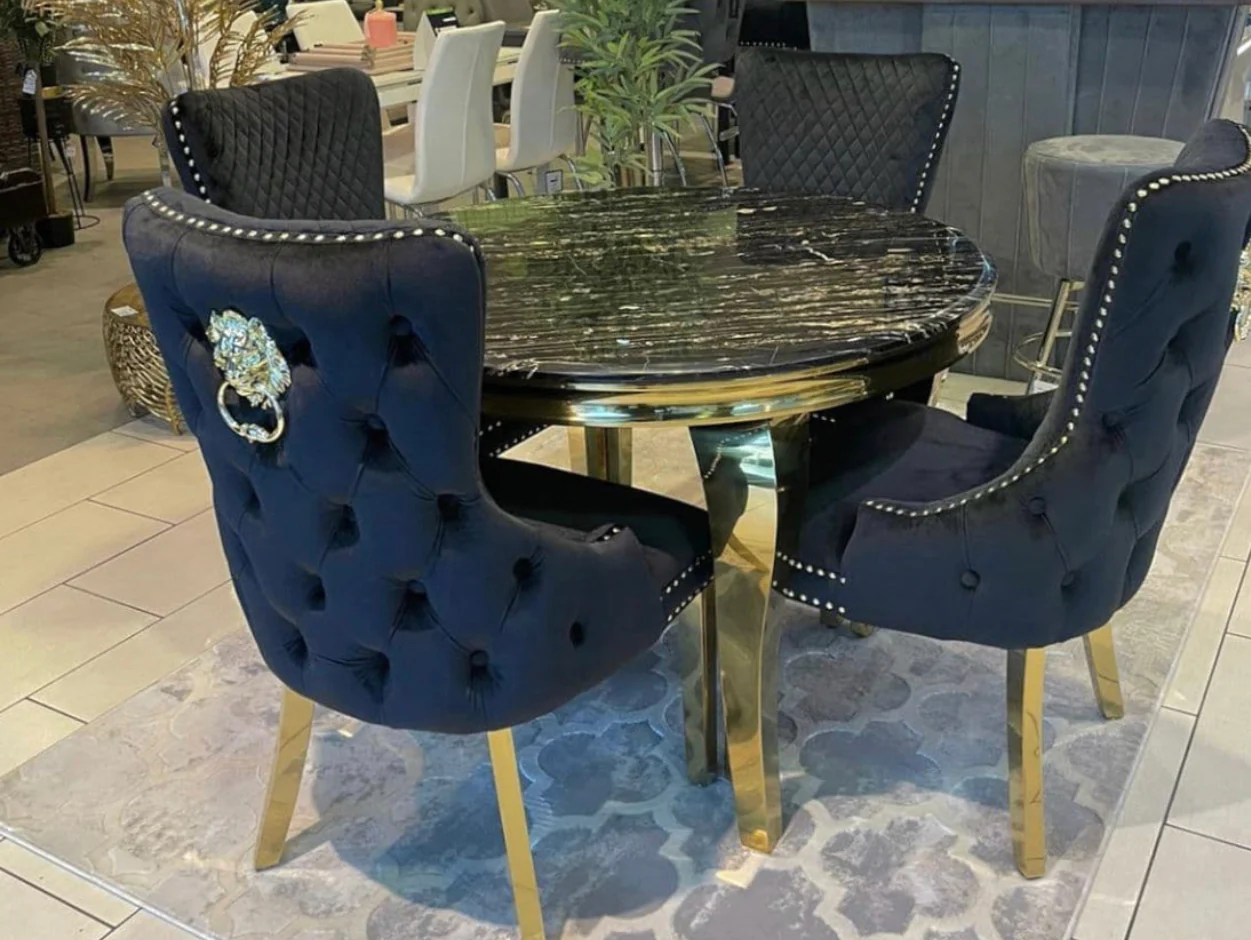 110cm Round Cream & Gold Dining Table + Victoria Cream Gold Lion Knocker Velvet Dining Chairs