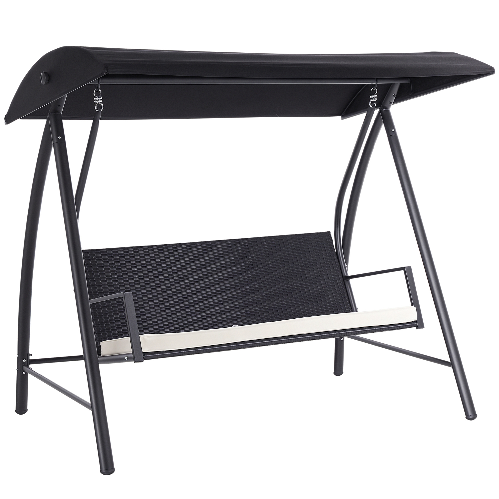 Outsunny Hollywoodschaukel 3-Sitzer aus Polyrattan Gartenschaukel mit verstellbar Sonnendach Sonnenschutz Sitzkissen Hängebank bis 360 kg belastbar Hängeschaukel für Garten 198x124x179cm Schwarz