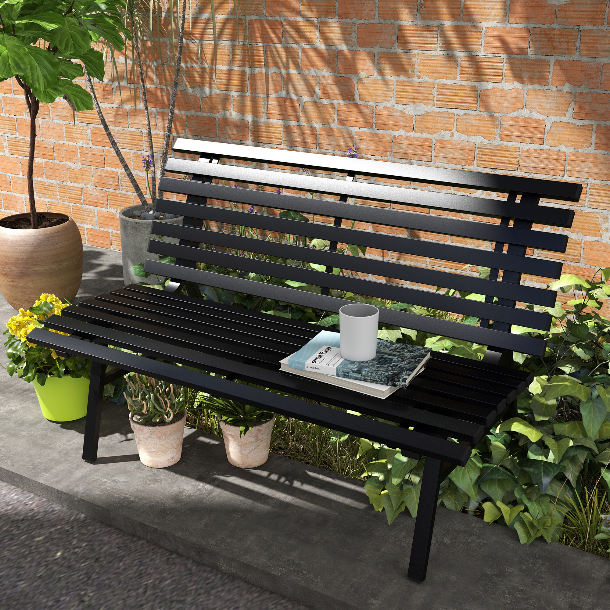 Outsunny Gartenbank Sitzbank Parkbank, Lattendesign, wetterbeständig, Aluminium, 123 x 67 x 79 cm, Schwarz