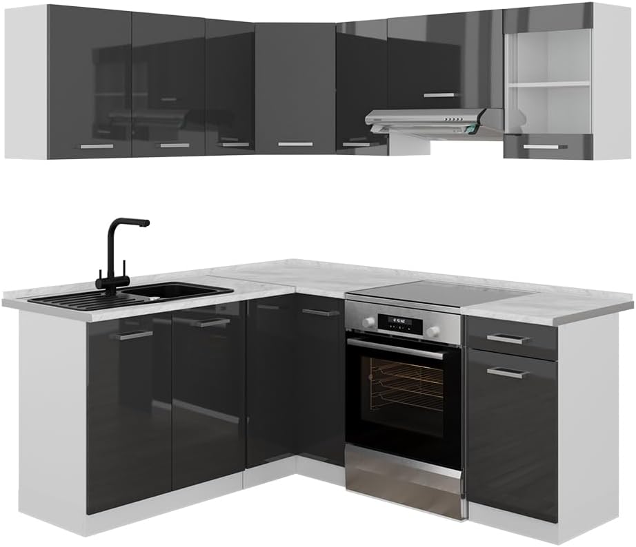 Vicco Cucina angolare completa Rick, Antracite lucido/bianco, 190 x 60 cm, PL Marmo