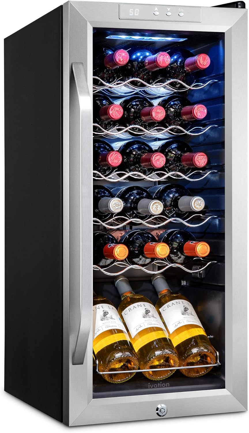 18 Bottle Compressor Wine Cooler Refrigerator w/Lock, Large Freestanding Wine Cellar For Red, White, Champagne or Sparkling Wine, 41f 64f Digital Temperature Control Fridge Glass Door Black
